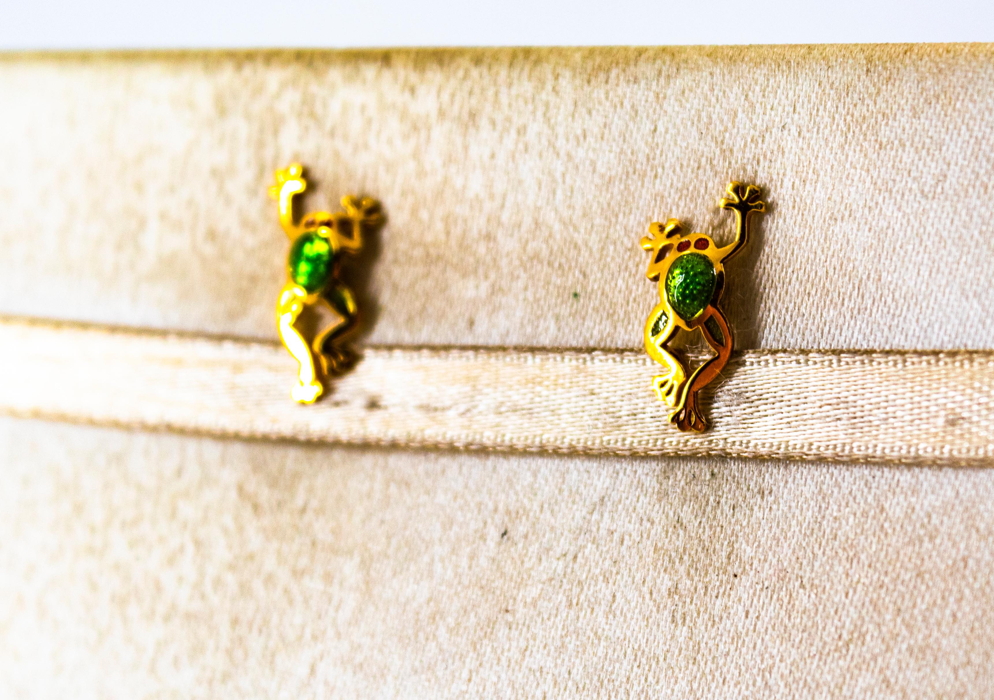 Handcrafted Green Enamel Yellow Gold Stud 