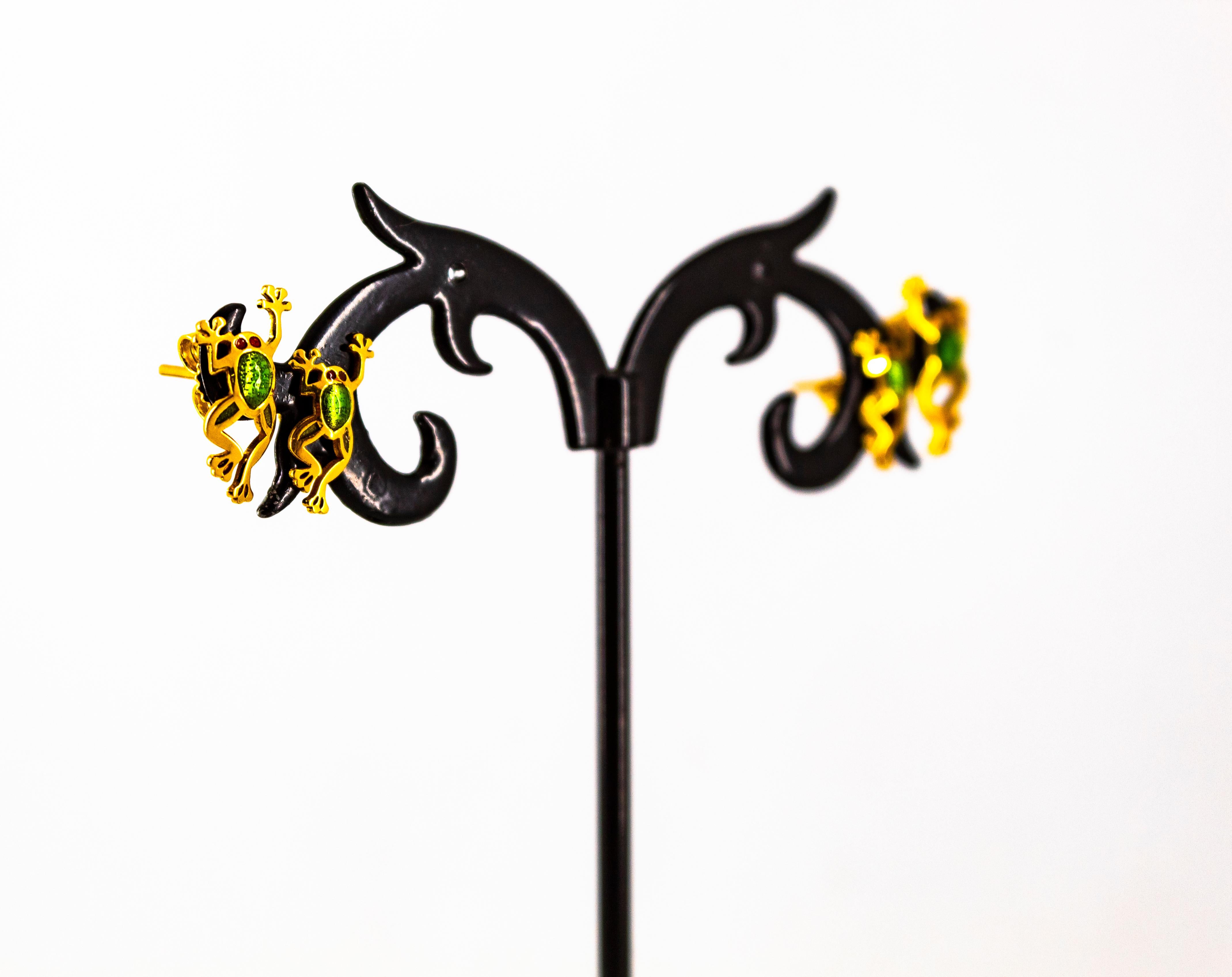 Handcrafted Green Enamel Yellow Gold Stud 