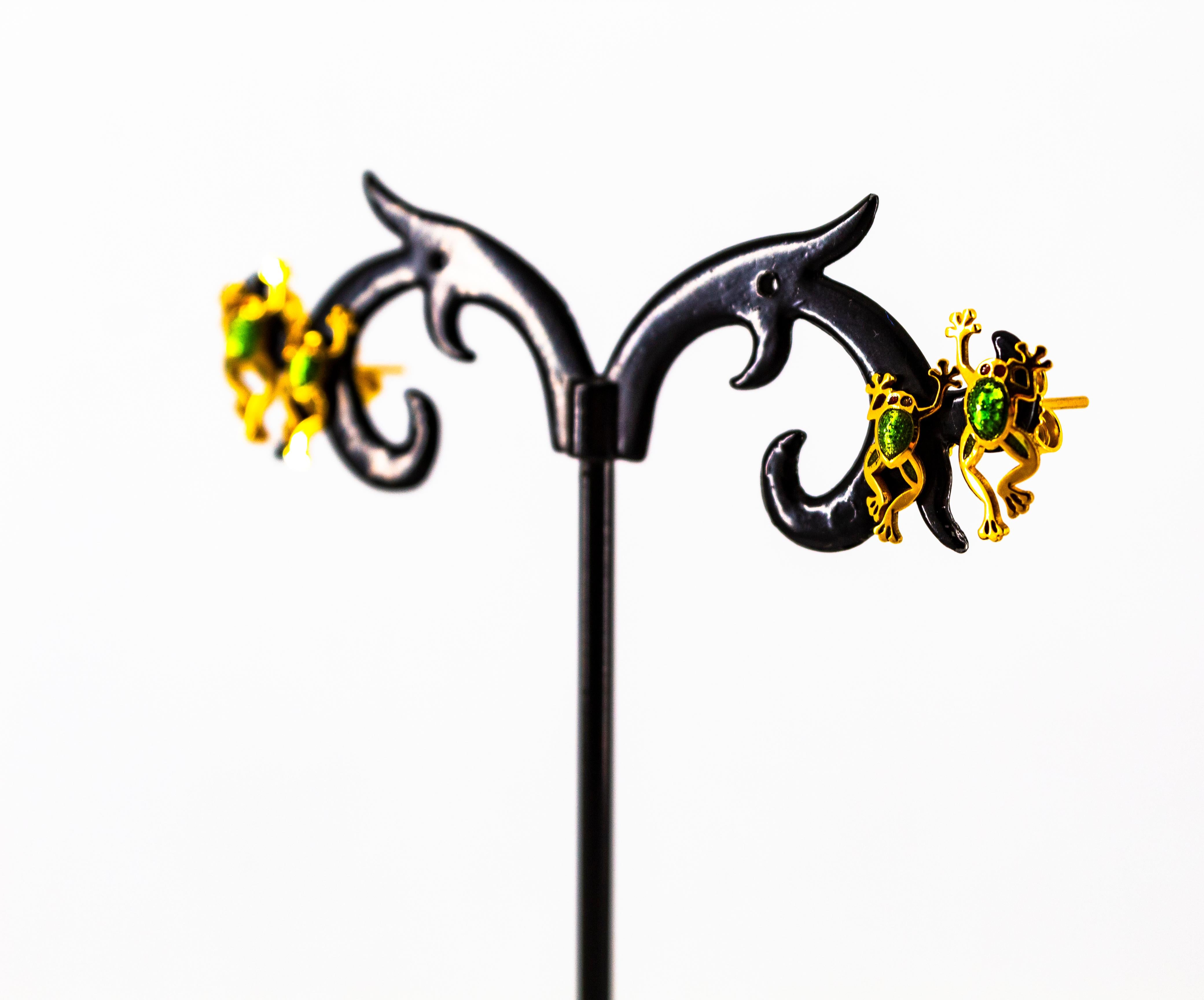 Handcrafted Green Enamel Yellow Gold Stud 