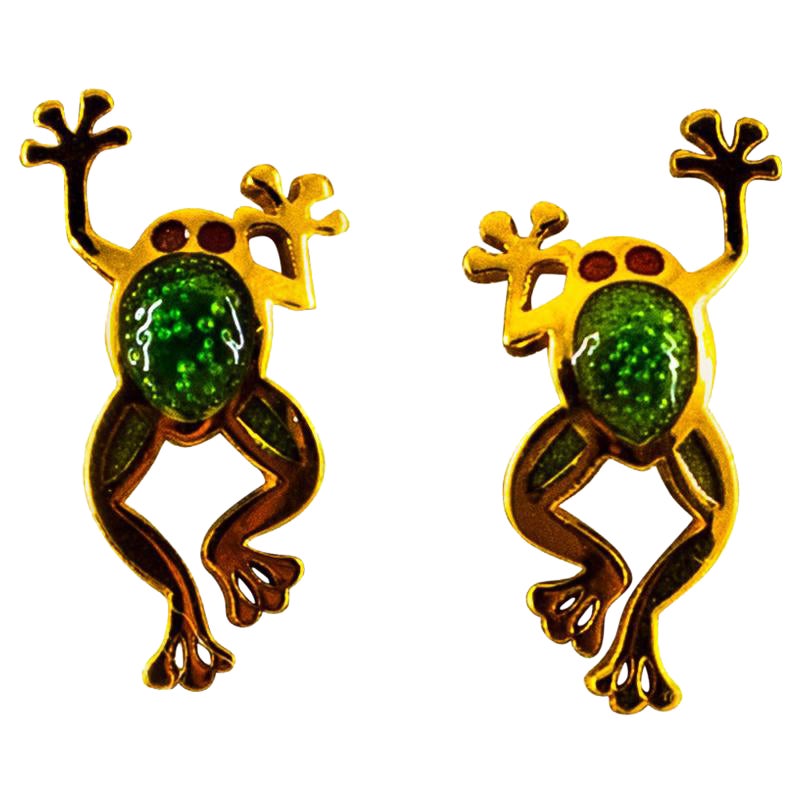 Handcrafted Green Enamel Yellow Gold Stud "Frog" Earrings For Sale