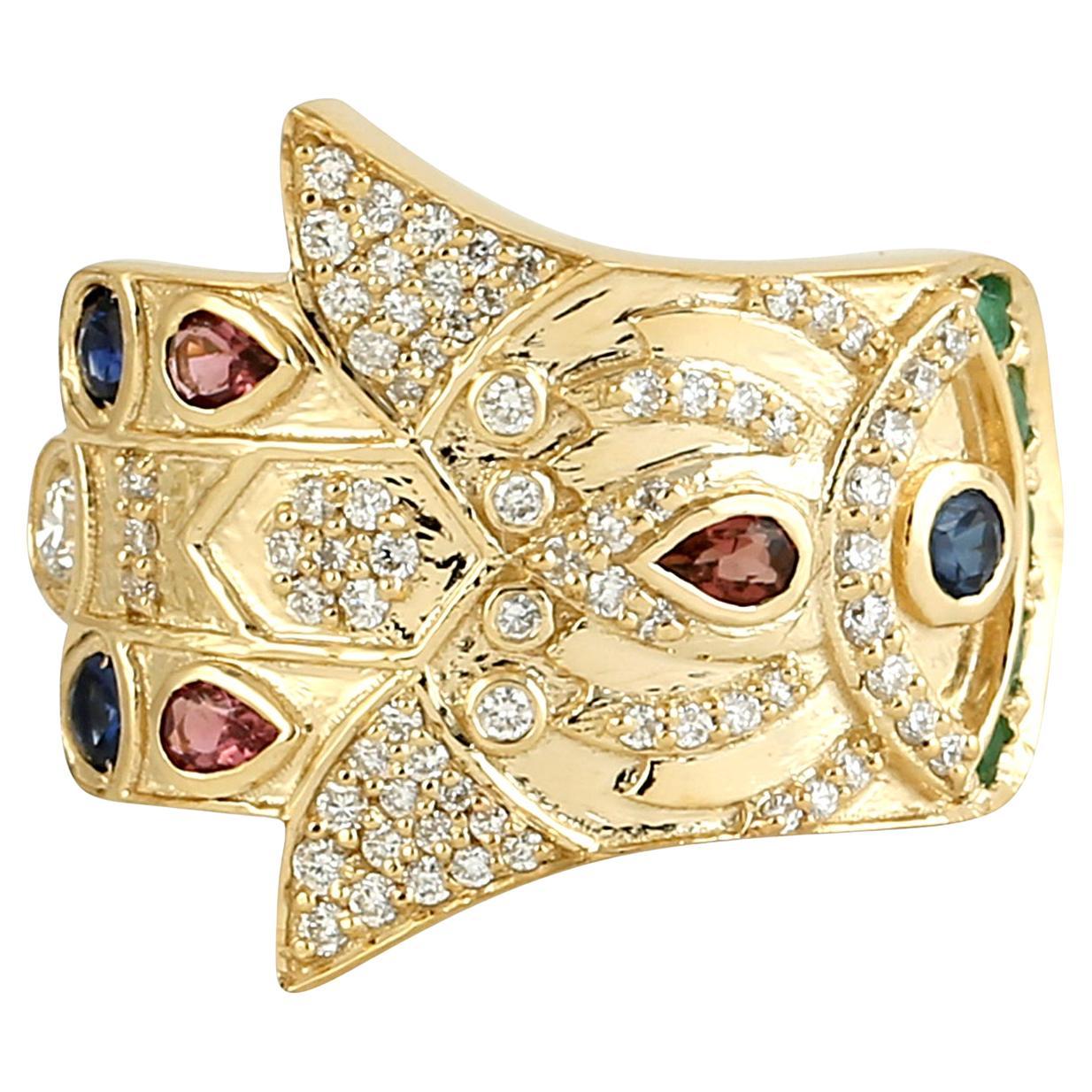 Handcrafted Hamsa Shield Ring in 14KT Gold with Multi-Gemstones 
Diamonds For Sale