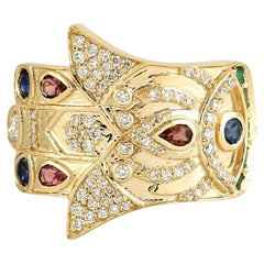 Handcrafted Hamsa Shield Ring in 14KT Gold with Multi-Gemstones & Diamonds