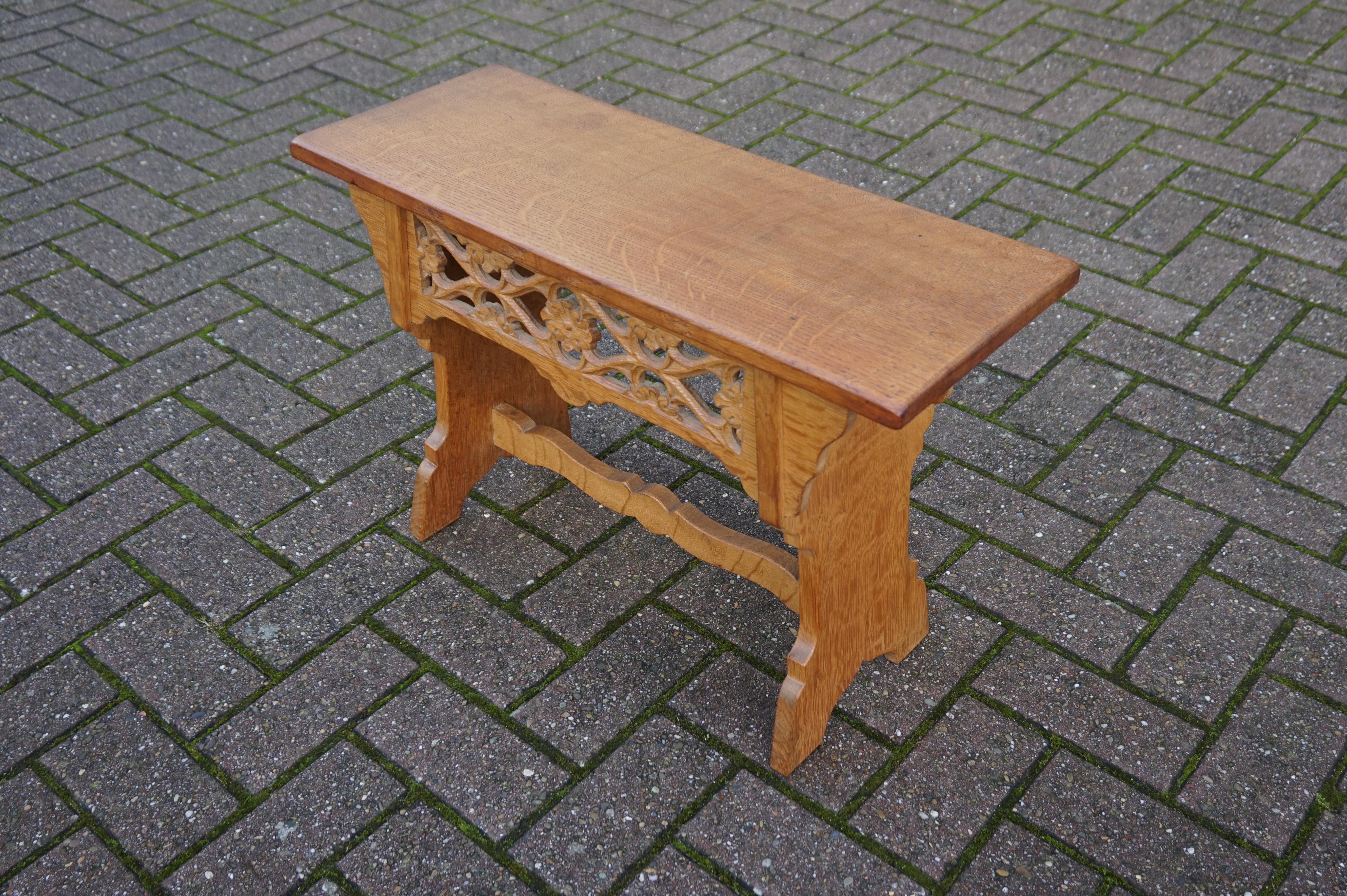 Hand-Carved Handcrafted and Hand Carved Gothic Revival Hall Bench or Stool Made of Solid Oak