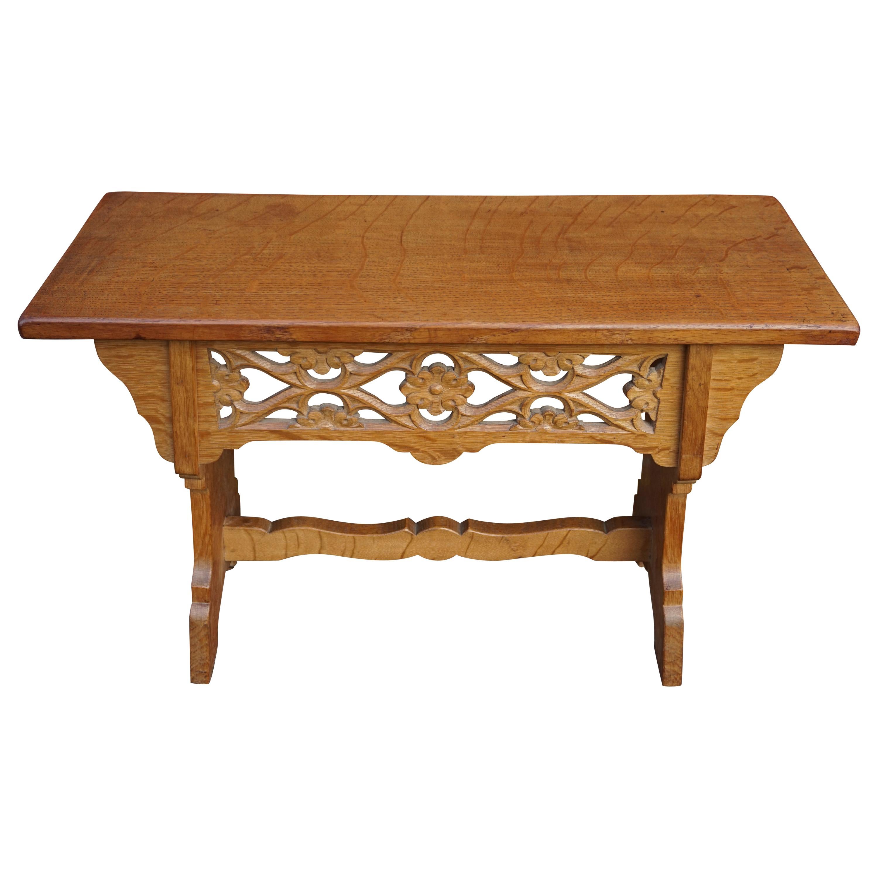 Handcrafted and Hand Carved Gothic Revival Hall Bench or Stool Made of Solid Oak For Sale