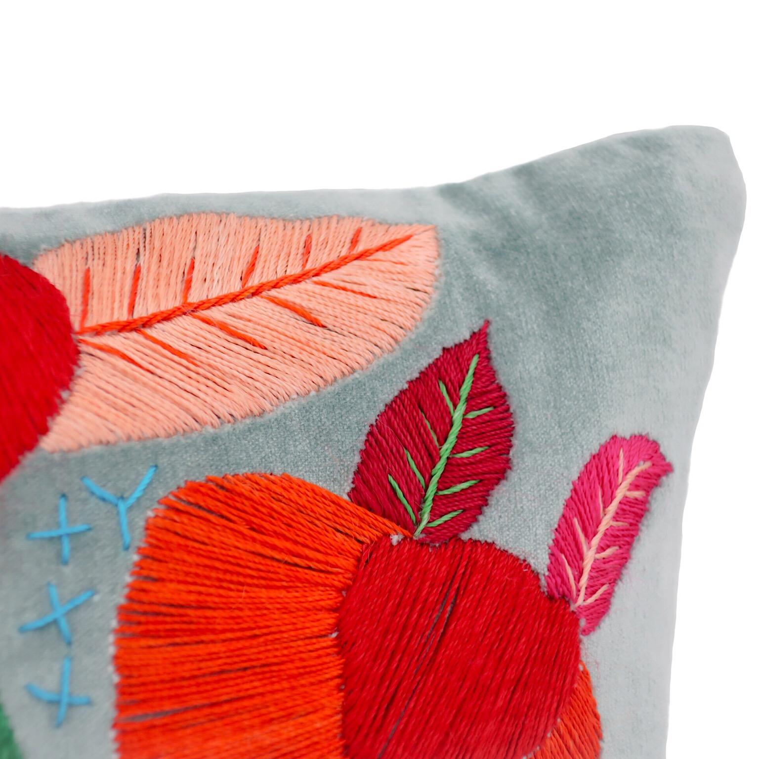 Modern Handcrafted Hand Embroidered Floral Pillow with Sequin Highlight For Sale