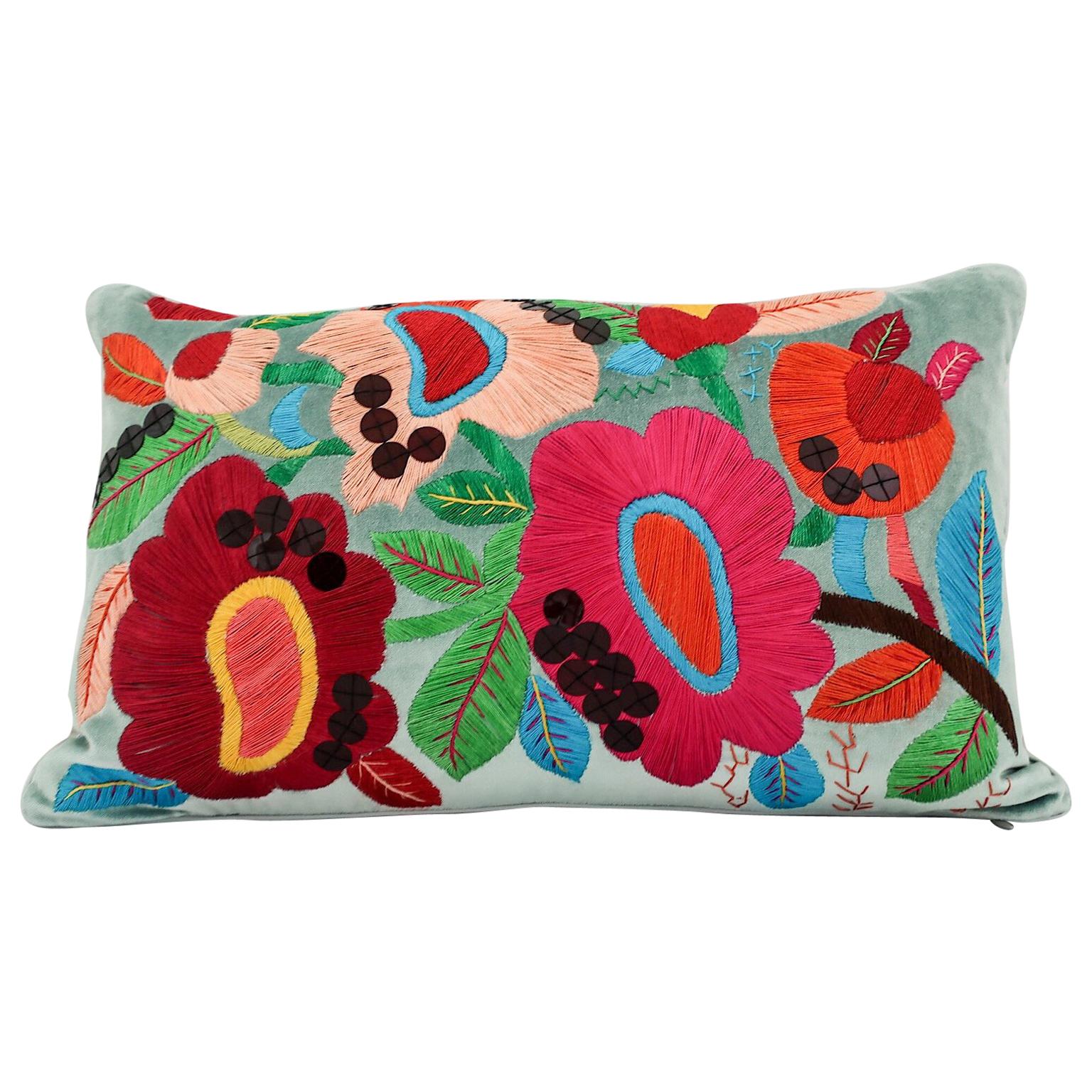 Handcrafted Hand Embroidered Floral Pillow with Sequin Highlight For Sale