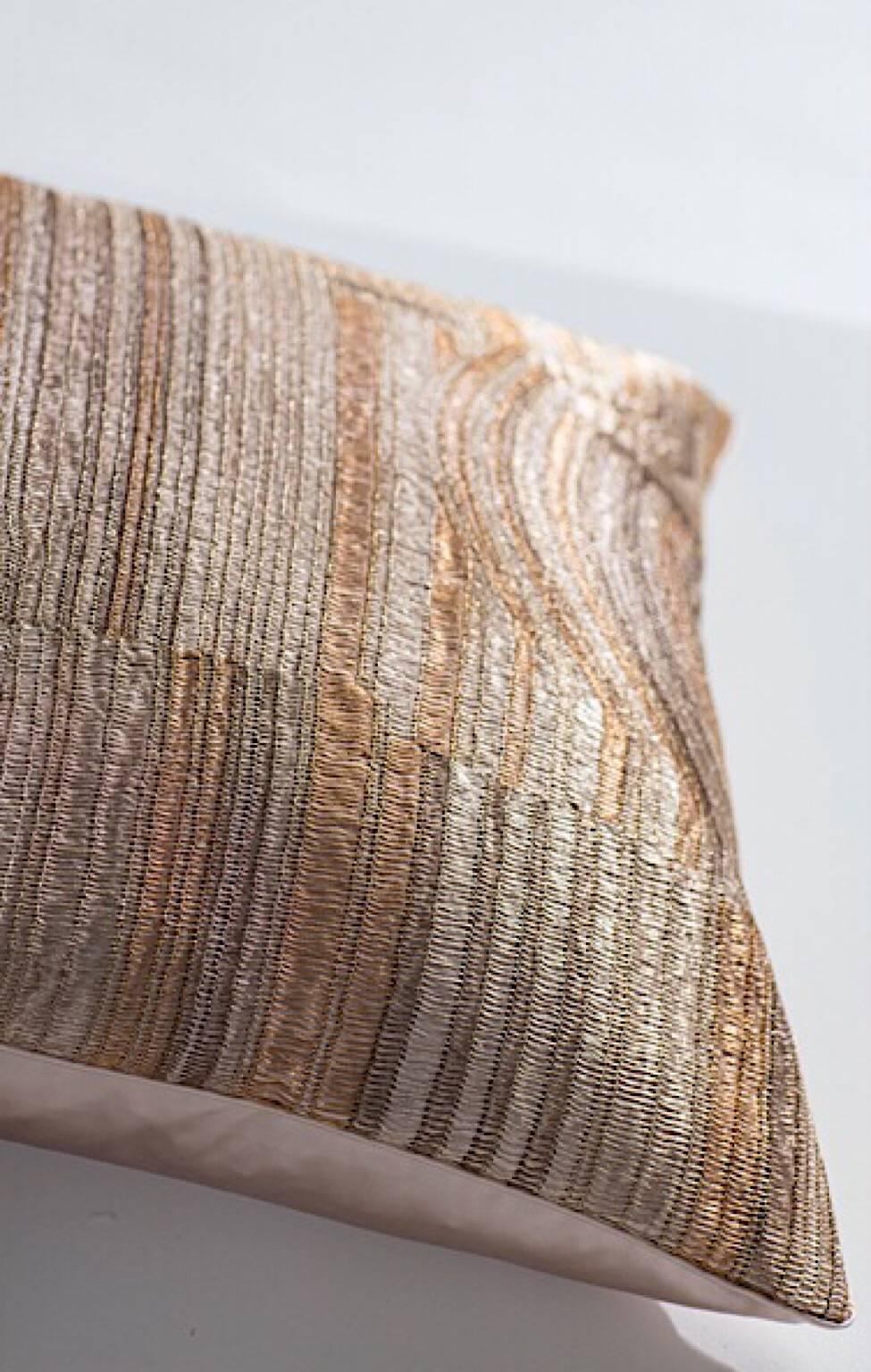 Handcrafted Hand Embroidered Pillow Geometric Design Gold Copper Bronze Silver In New Condition For Sale In London, GB
