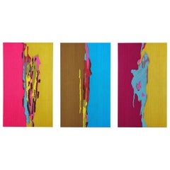 Handcrafted Hand Embroidered Tapestry Triptych Magenta Fuchsia Olive Green