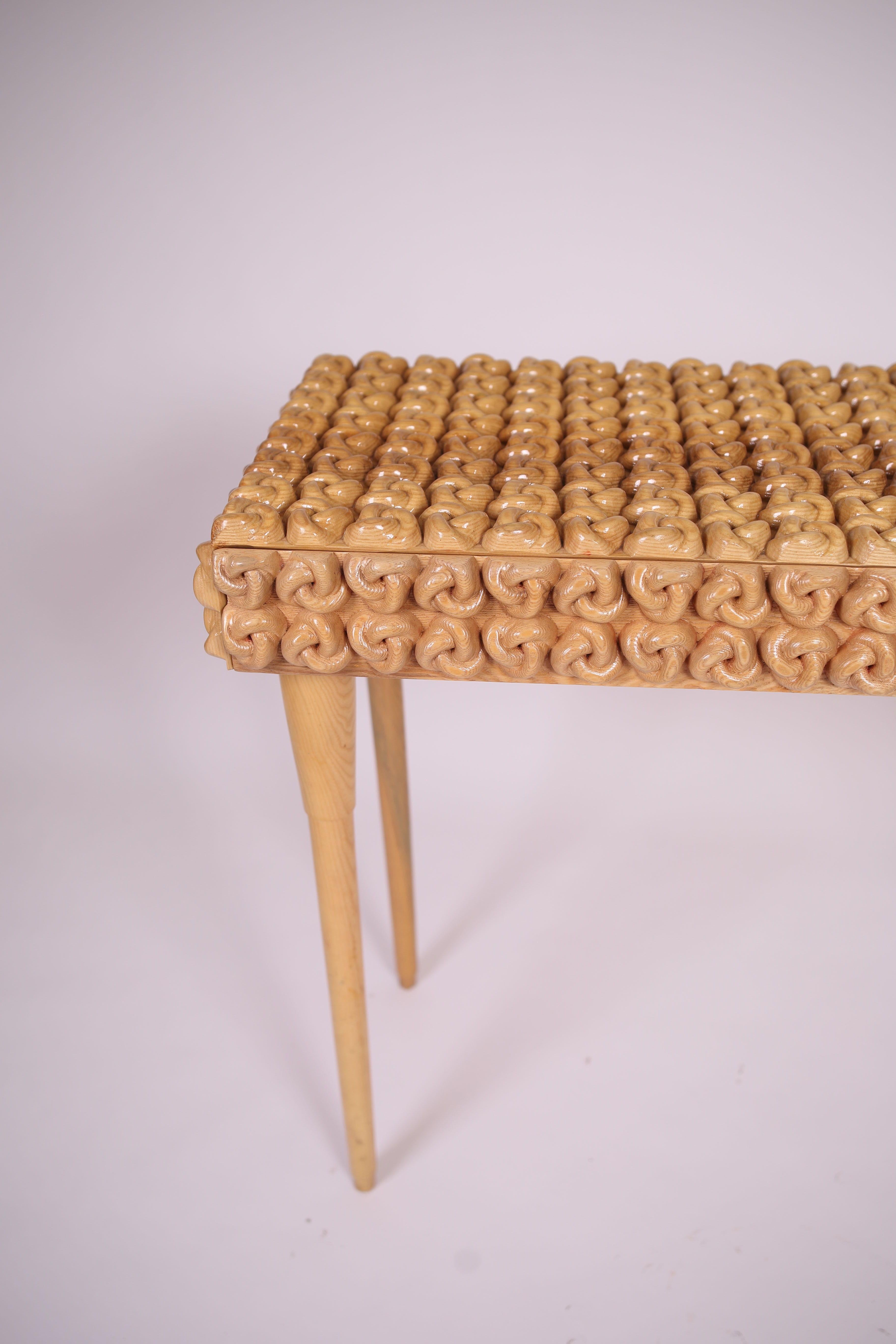 Hand-Carved Handcrafted Solid Wood Console Table w/ Sculptural Knot - Modern Entryway Accent For Sale