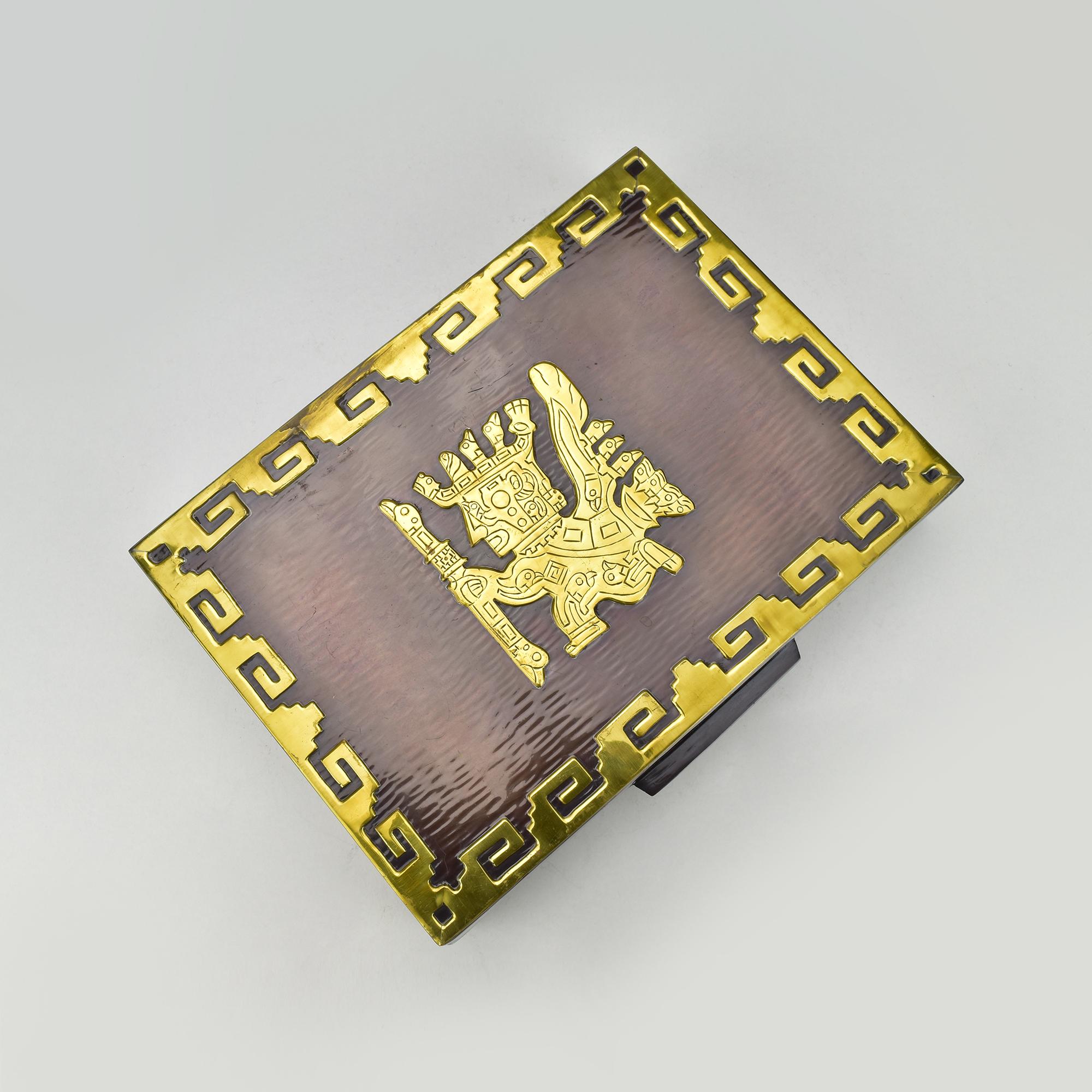 Handcrafted Heavy Copper Jewelry Box with Inka Aztec Brass Inlay by Vicky, Peru For Sale 3