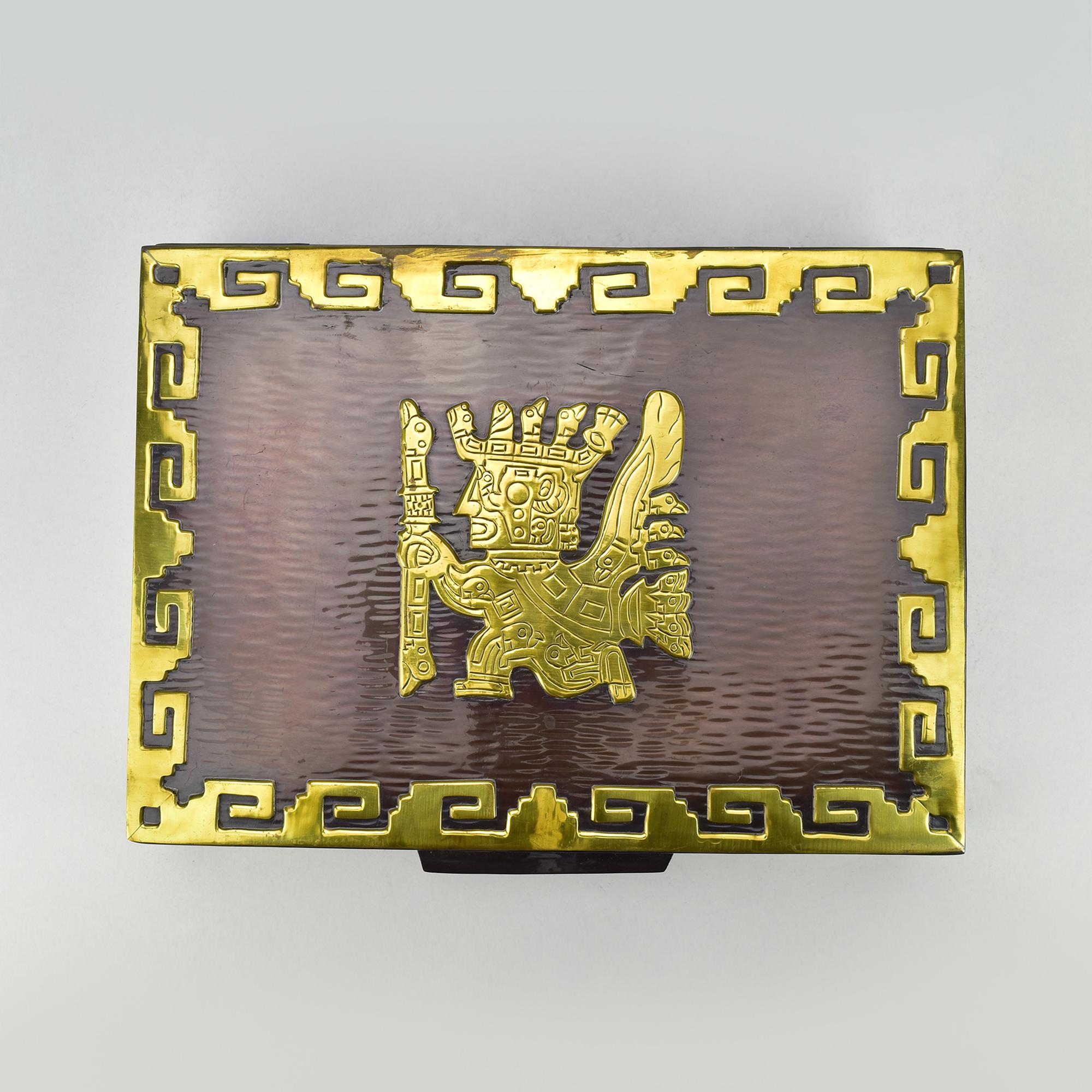 Late 20th Century Handcrafted Heavy Copper Jewelry Box with Inka Aztec Brass Inlay by Vicky, Peru For Sale