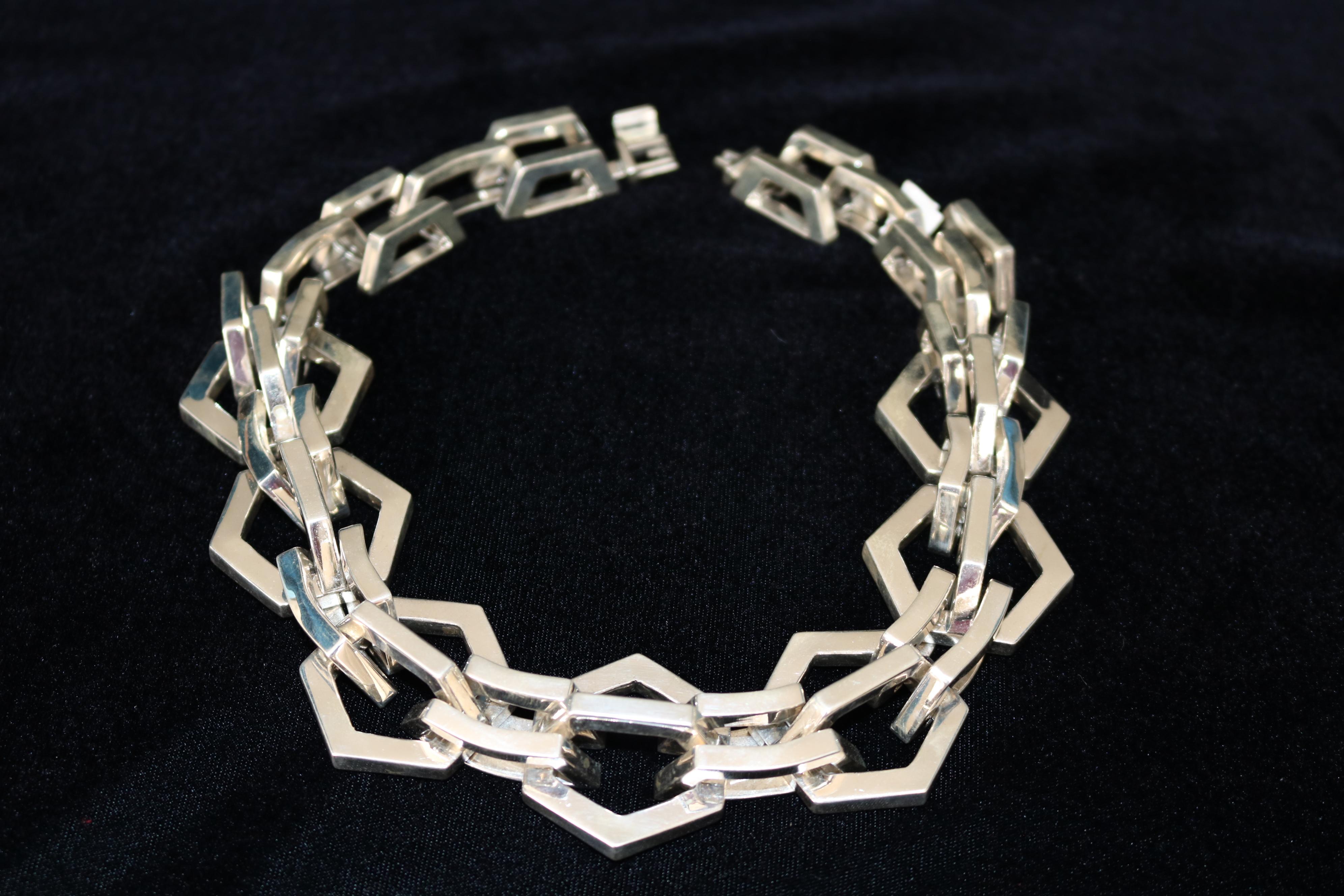 Women's or Men's Handcrafted Hexagonal 925 Silver Link Necklace For Sale