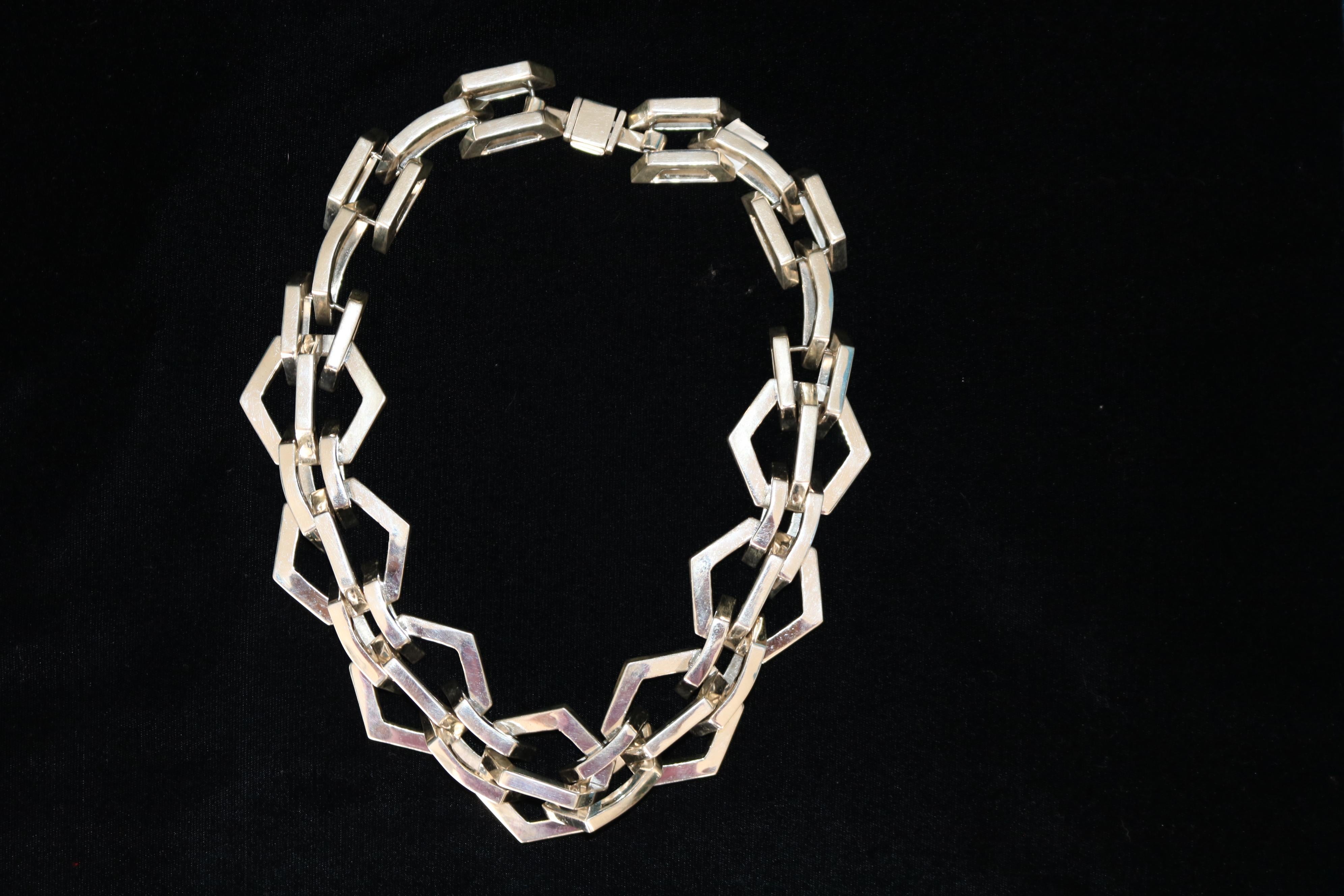 Handcrafted Hexagonal 925 Silver Link Necklace For Sale 2