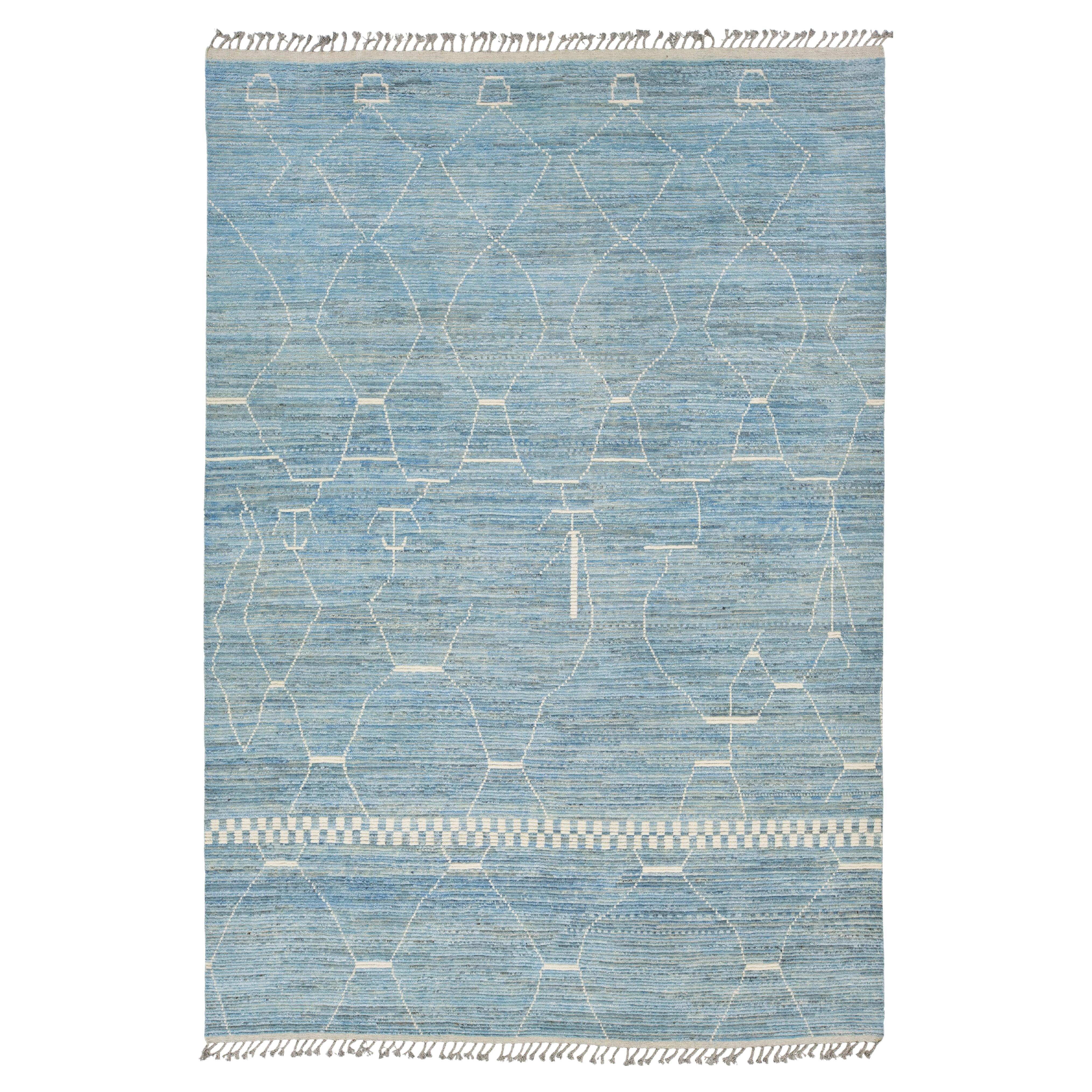 Handcrafted In Light Blue Modern Moroccan Style Wool Rug With Geometric Design