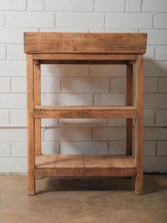 Handcrafted Indian Wooden Three-Tier Shelf with Tray Top and Rustic Patina