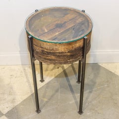 Handcrafted Iron Side Table with Antique French Wagon Wheel & Glass Top