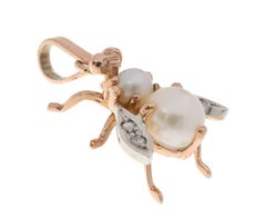 Handcrafted Italian 9 Carat Rose Gold Pearl and Diamond Bee Pendant