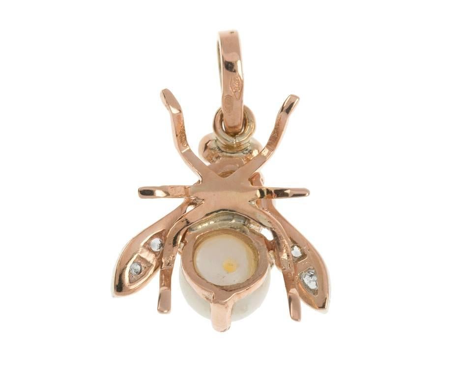 Victorian Handcrafted Italian 9 Carat Rose Gold Pearl and Diamond Bee Pendant For Sale