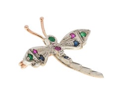Handcrafted Italian 9 Carat Gold Emerald Ruby and Sapphire Dragonfly Brooch