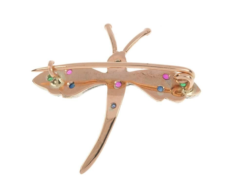 Victorian Handcrafted Italian 9 Carat Gold Emerald Ruby and Sapphire Dragonfly Brooch For Sale