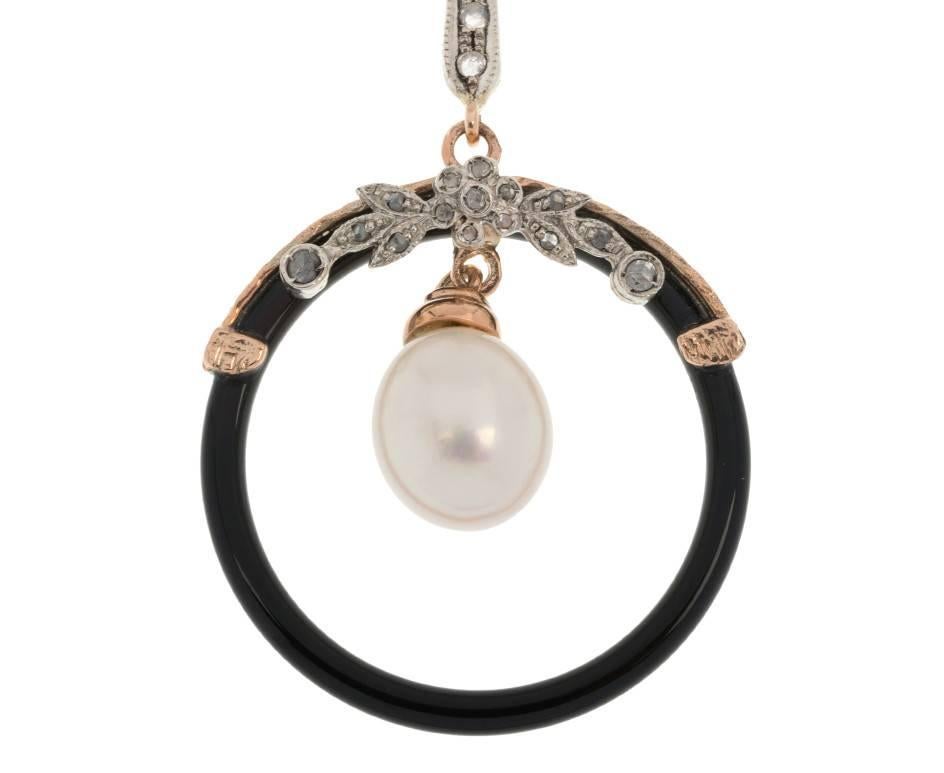 Handcrafted Italian Art Deco Inspired Rose Gold Pearl Diamond and Onyx Necklace In New Condition For Sale In Birmingham, GB