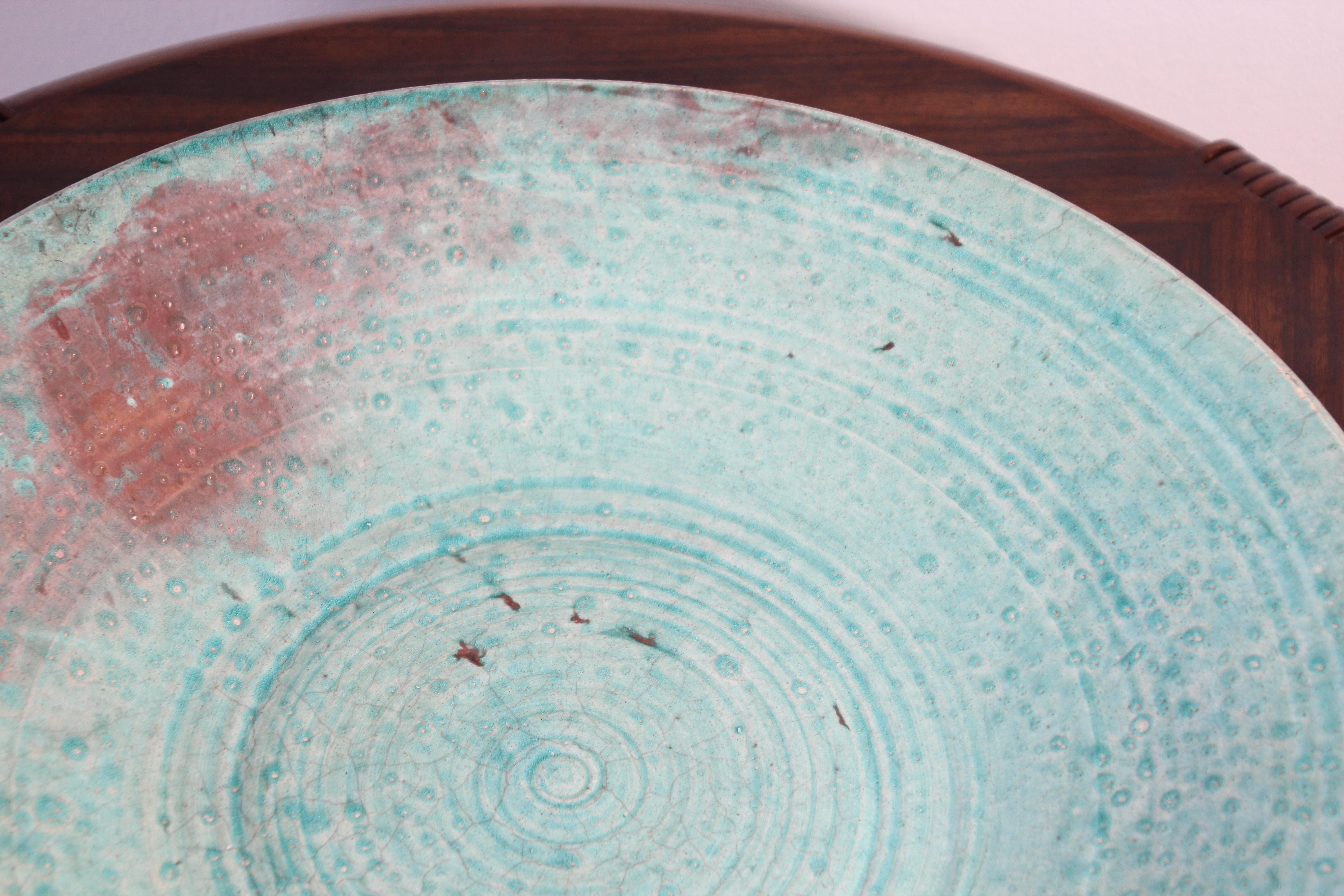 Handcrafted Italian Art Studio Large Stoneware Bowl Aqua Color For Sale 3