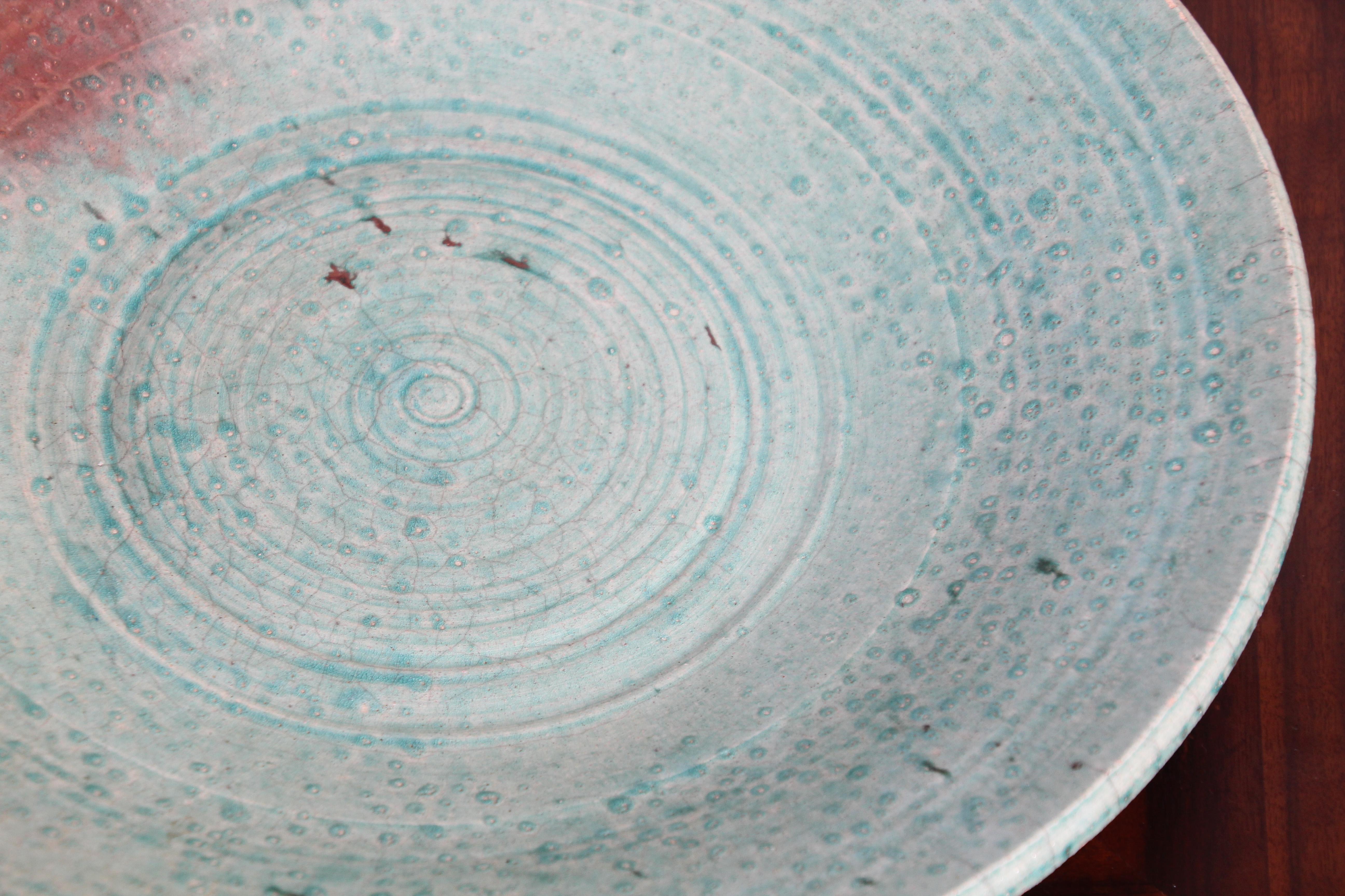 Handcrafted Italian Art Studio Large Stoneware Bowl Aqua Color For Sale 4