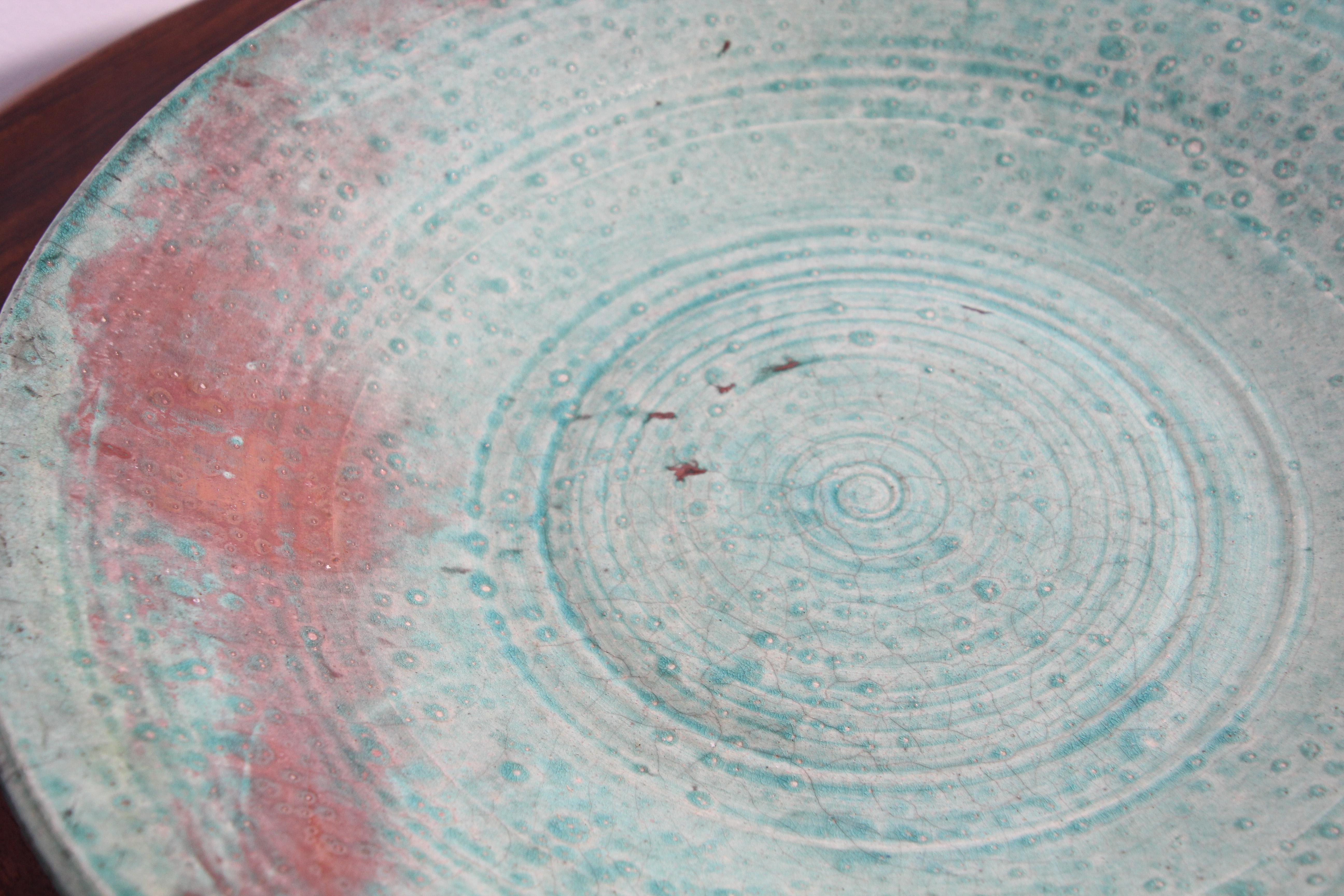 Handcrafted Italian Art Studio Large Stoneware Bowl Aqua Color For Sale 5