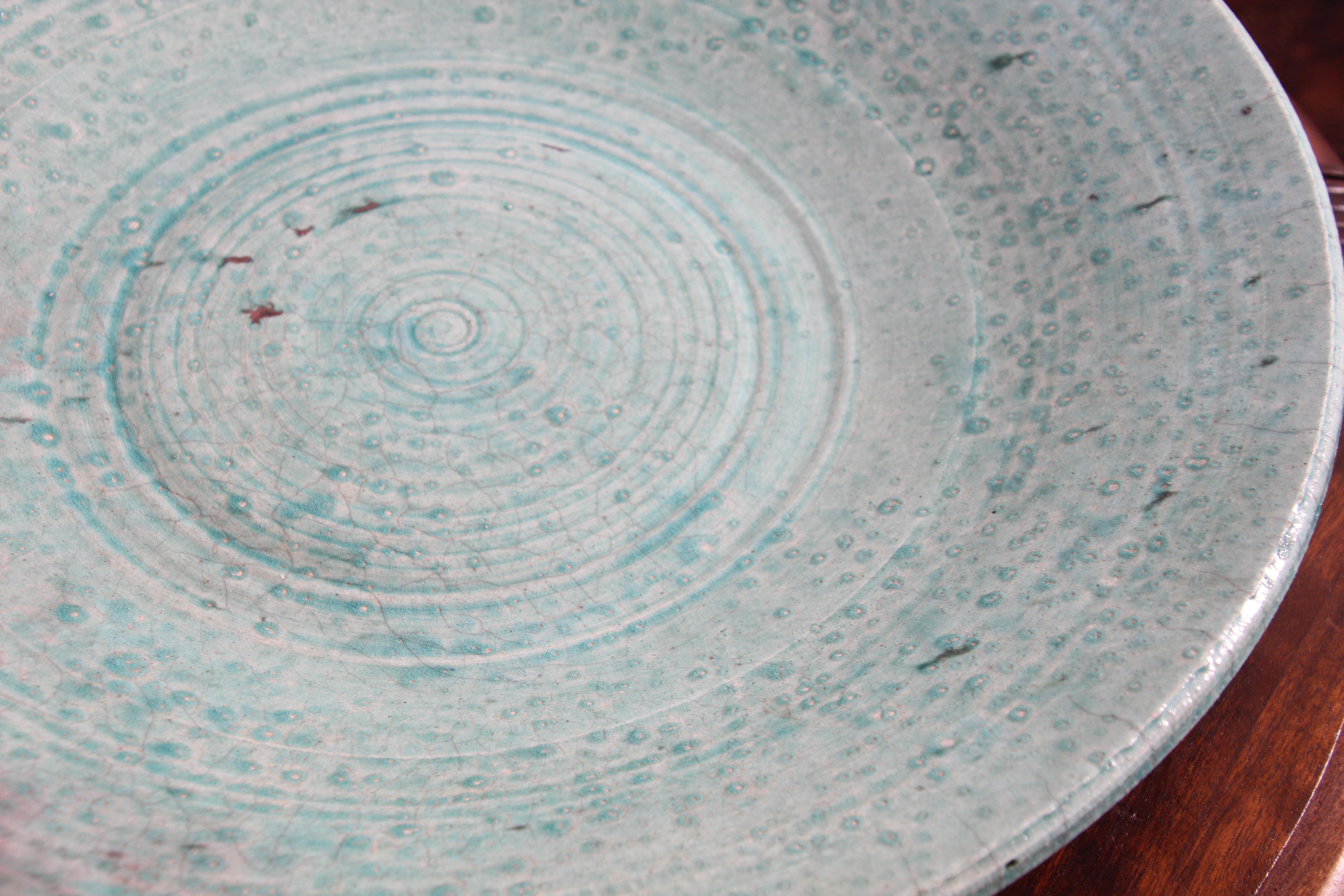 Handcrafted Italian Art Studio Large Stoneware Bowl Aqua Color For Sale 6