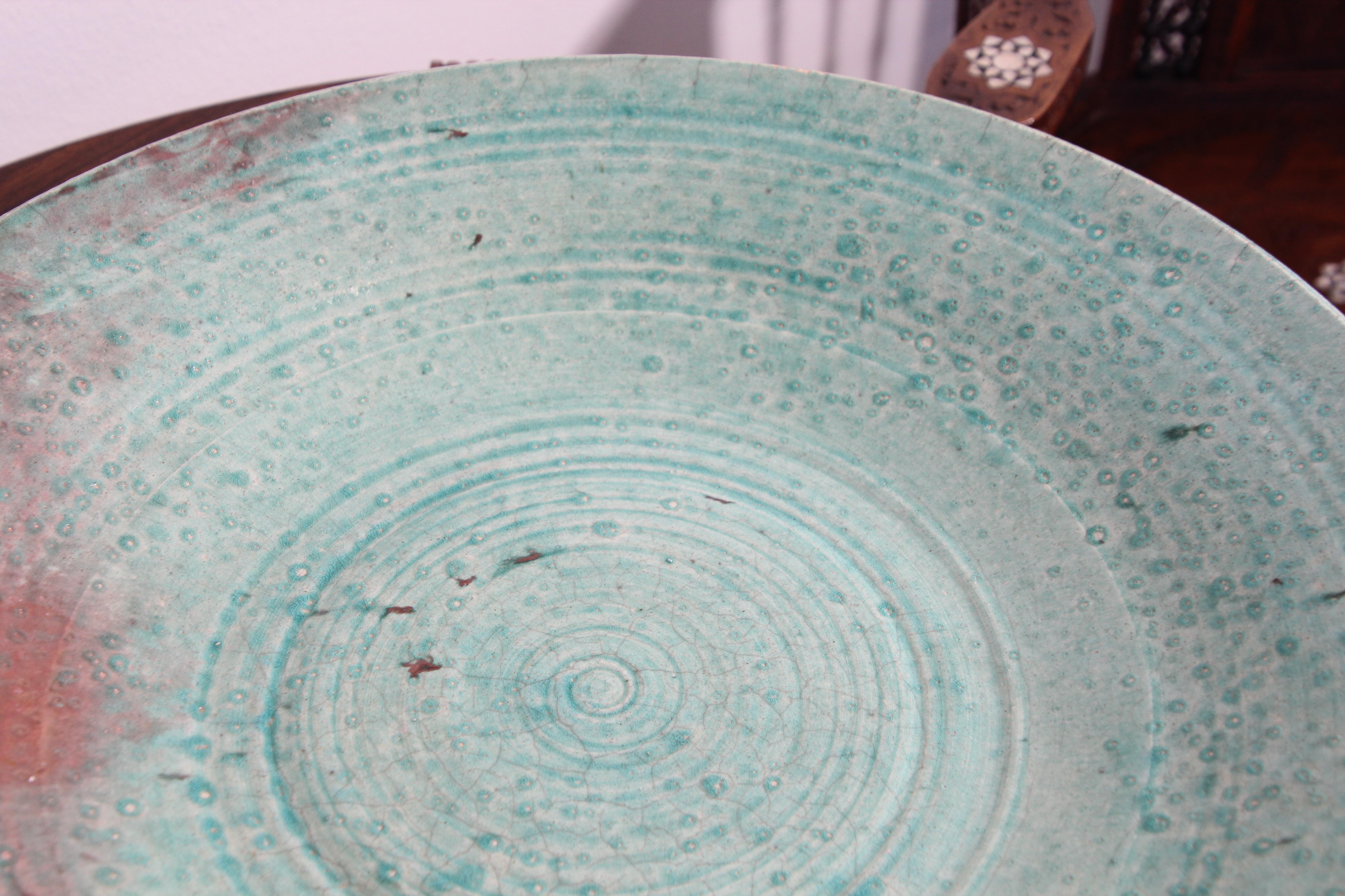 Handcrafted Italian Art Studio Large Stoneware Bowl Aqua Color For Sale 7