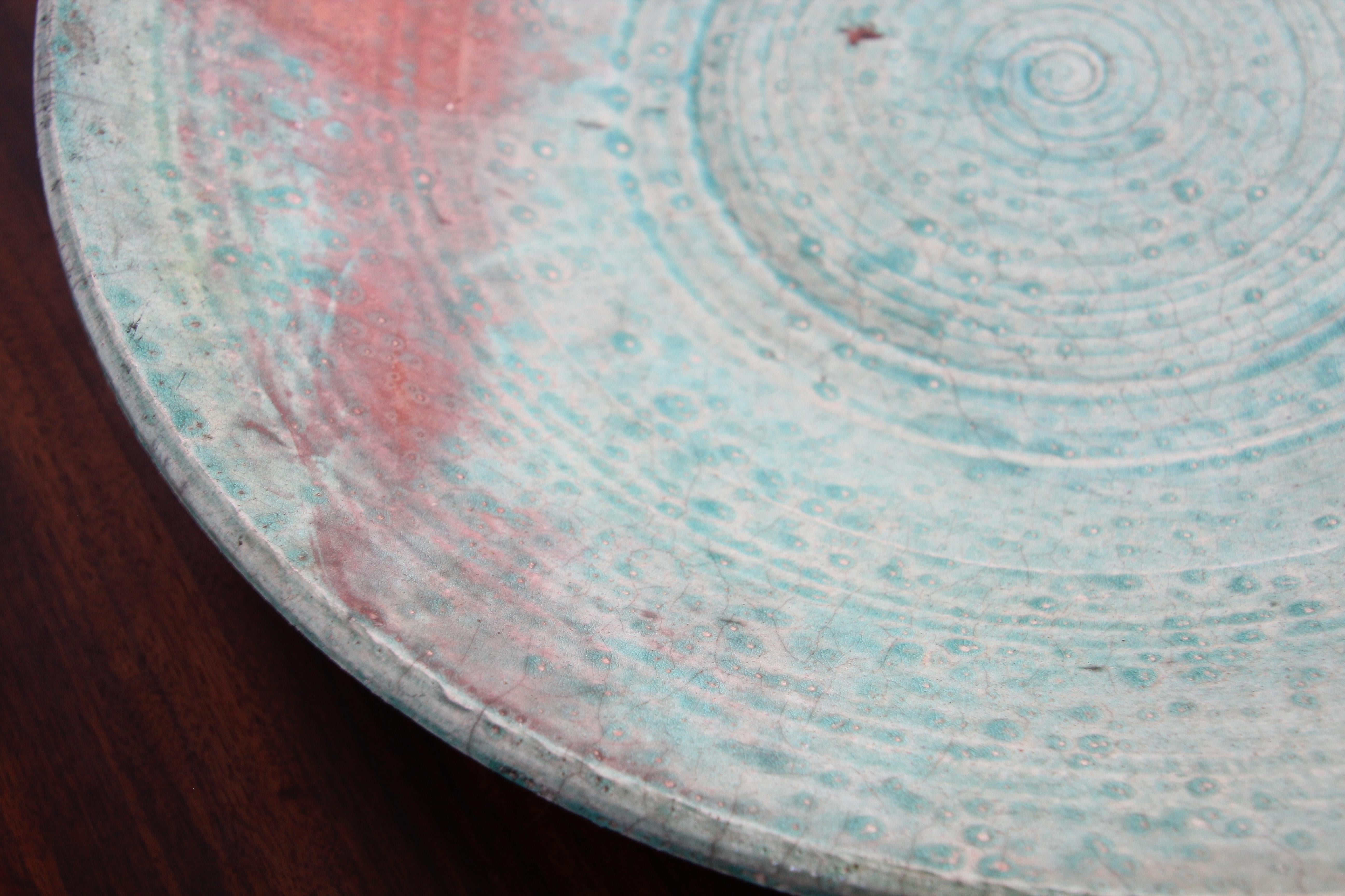 Handcrafted Italian Art Studio Large Stoneware Bowl Aqua Color For Sale 8
