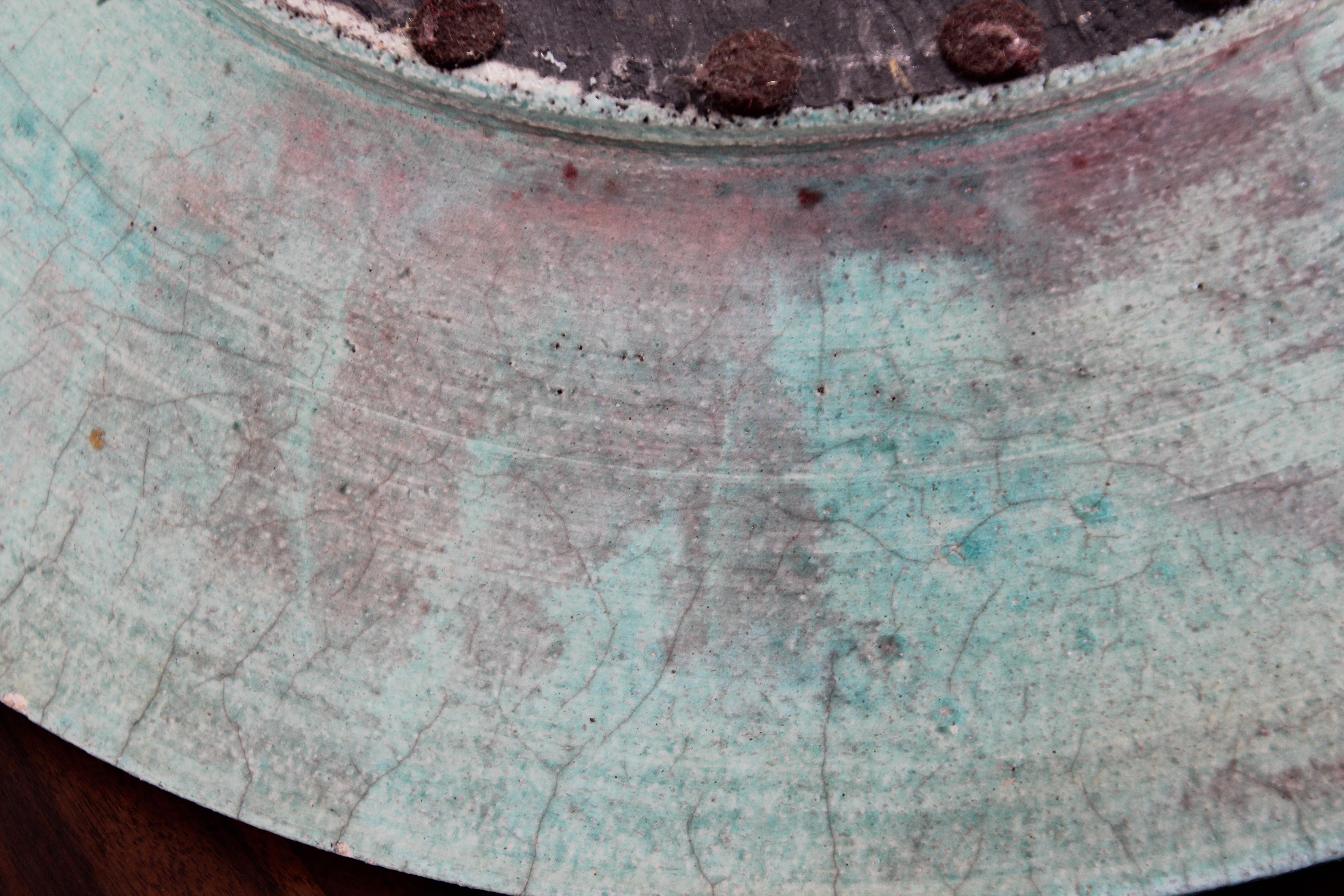 Handcrafted Italian Art Studio Large Stoneware Bowl Aqua Color For Sale 12