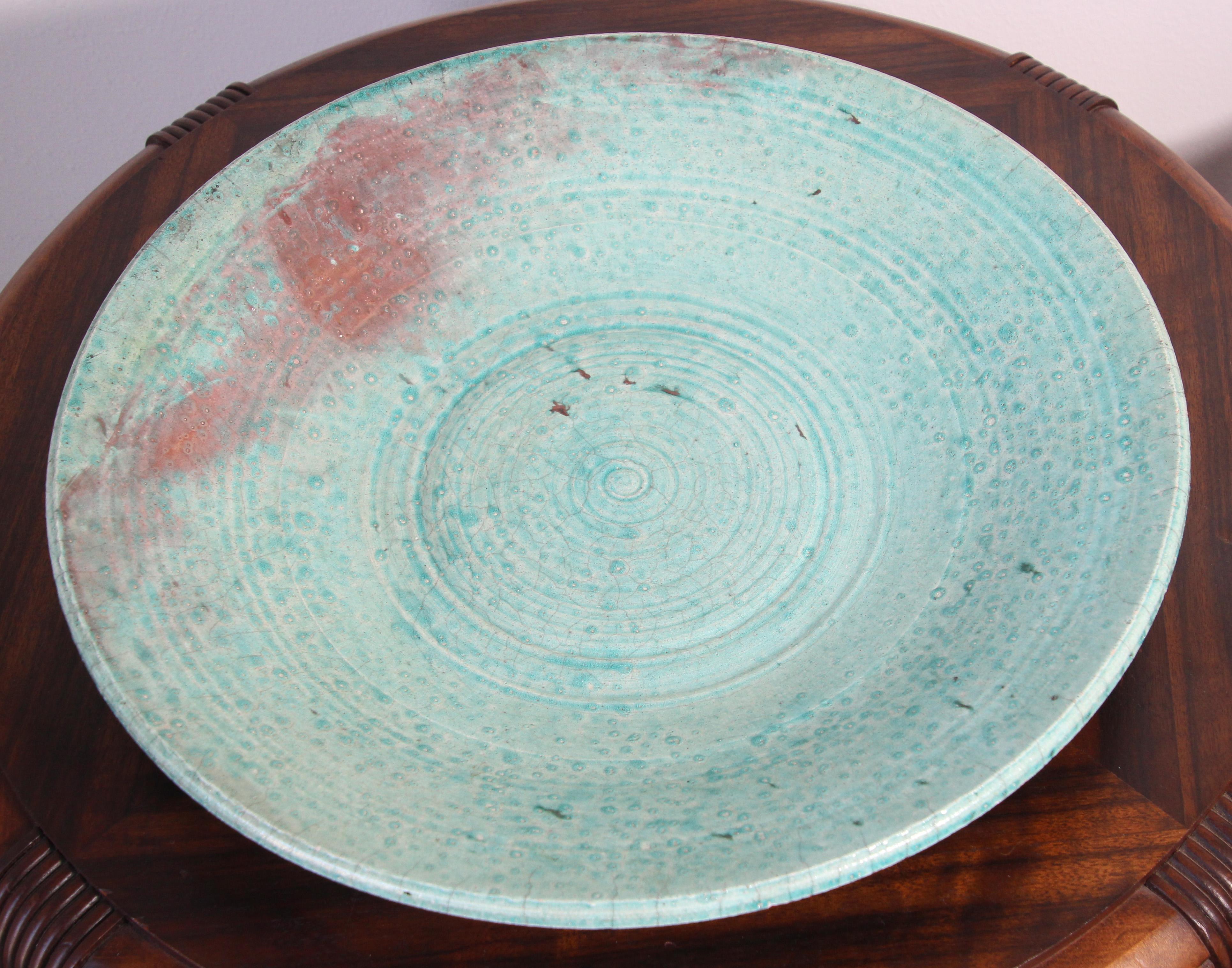 Mid-Century Modern Handcrafted Italian Art Studio Large Stoneware Bowl Aqua Color For Sale