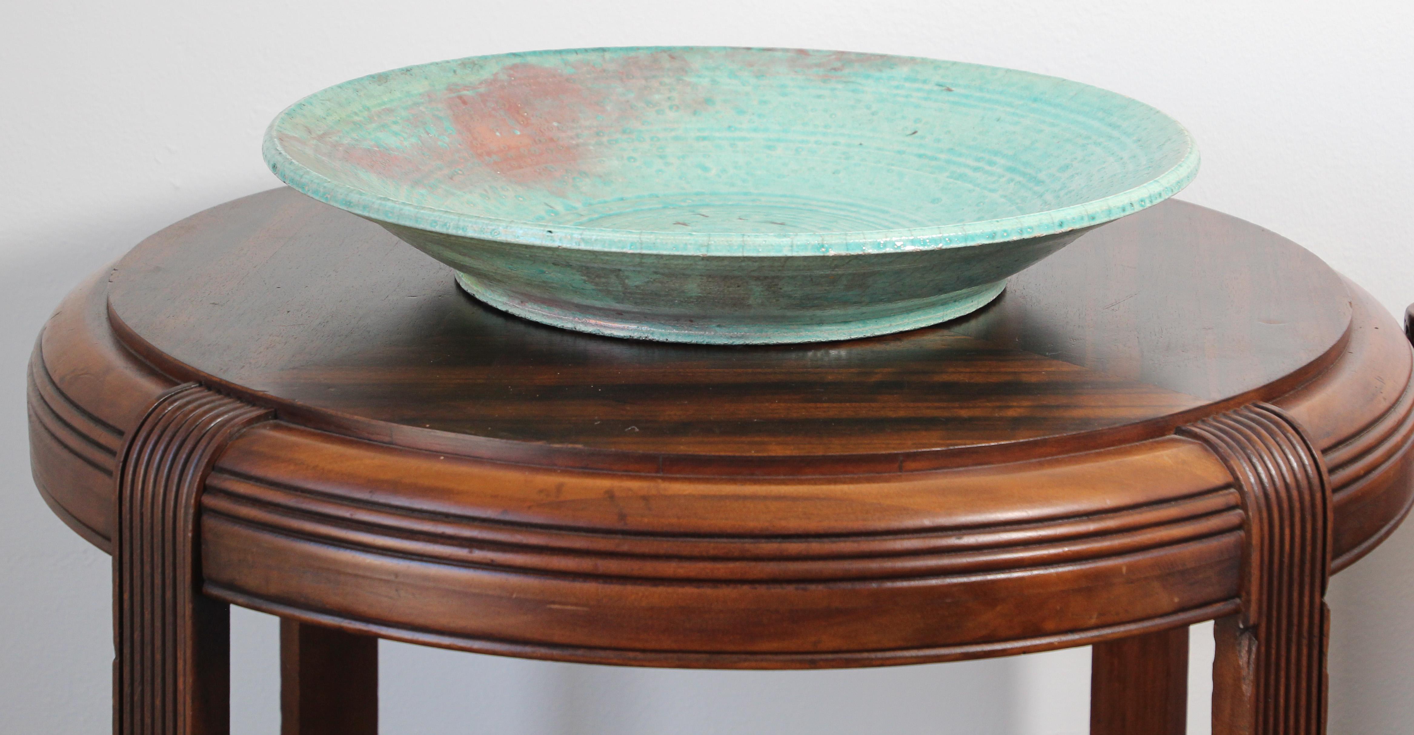 Hand-Crafted Handcrafted Italian Art Studio Large Stoneware Bowl Aqua Color For Sale
