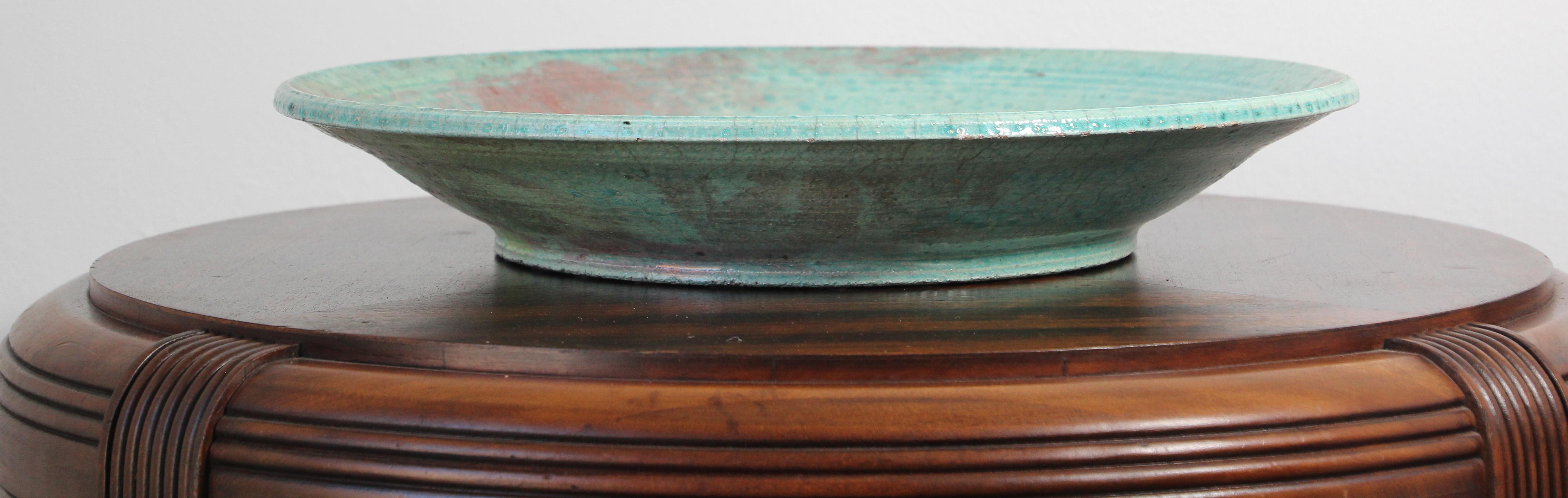 Handcrafted Italian Art Studio Large Stoneware Bowl Aqua Color In Good Condition For Sale In North Hollywood, CA