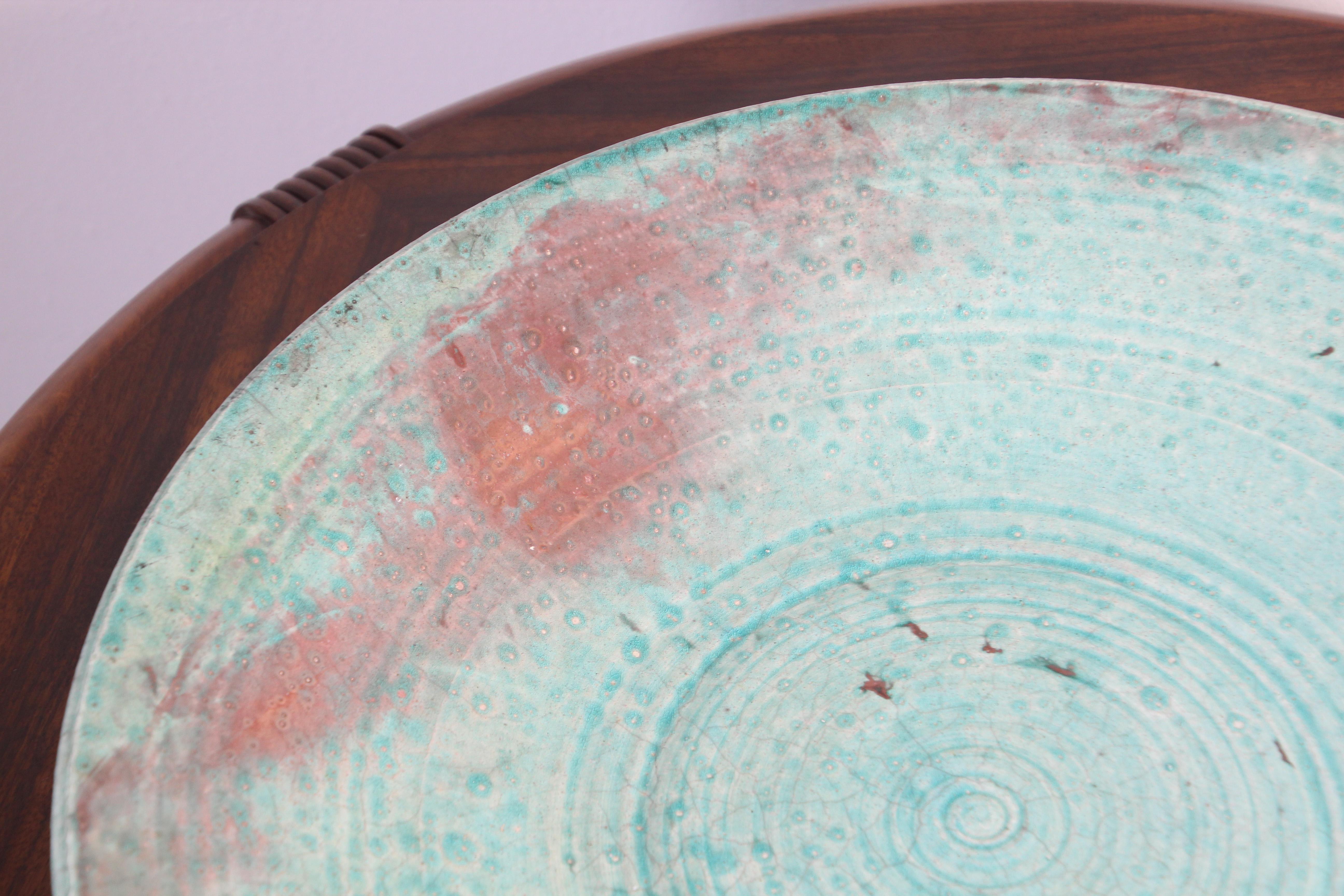 Mid-20th Century Handcrafted Italian Art Studio Large Stoneware Bowl Aqua Color For Sale