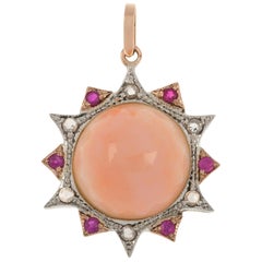 Handcrafted Italian Coral, Ruby and Diamond Fancy Pendant