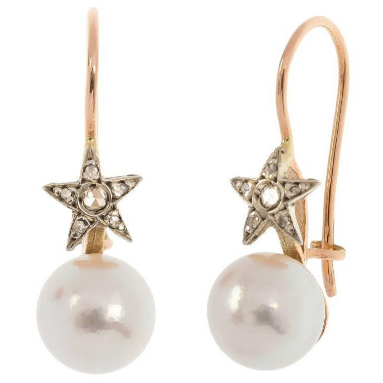 Handcrafted Italian Cultured Pearl and Star Enhancement Diamond Drop Earrings For Sale