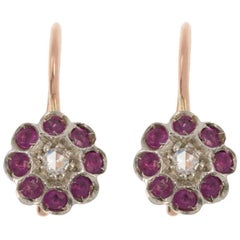 Handcrafted Italian Diamond and Ruby Floral Drop Earrings Antique Handcrafted Italian Diamond and Ruby Floral Drop Earrings
