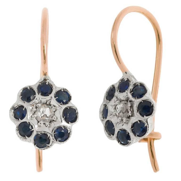 Handcrafted Italian Diamond and Sapphire Floral Drop Earrings For Sale