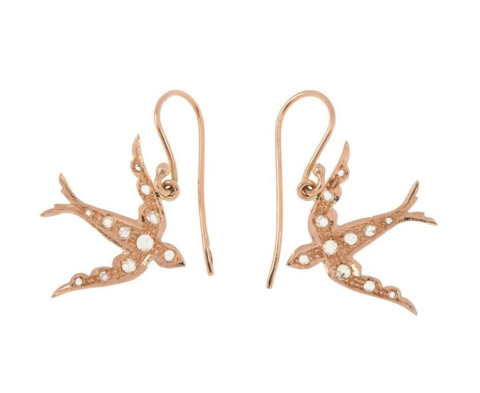 GEMMOLOGIST'S NOTES
This beautifully crafted diamond earrings handcrafted by third generation Italian goldsmiths in Naples, Italy. 

A designed inspired the romanticism of the Victorians .. each featuring a swallow in flight, encrusted with