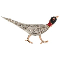 Handcrafted Italian Gold Diamond and Enamel Pheasant Brooch