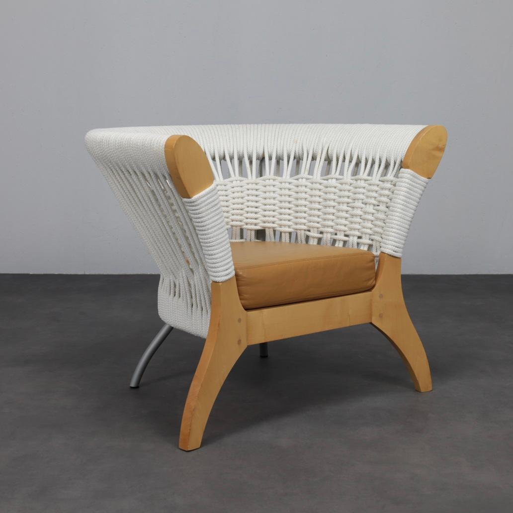 Postmoderne Chaise longue italienne fabriquée à la main par Driade en Wood, corde et cuir, Italie, années 1990 en vente