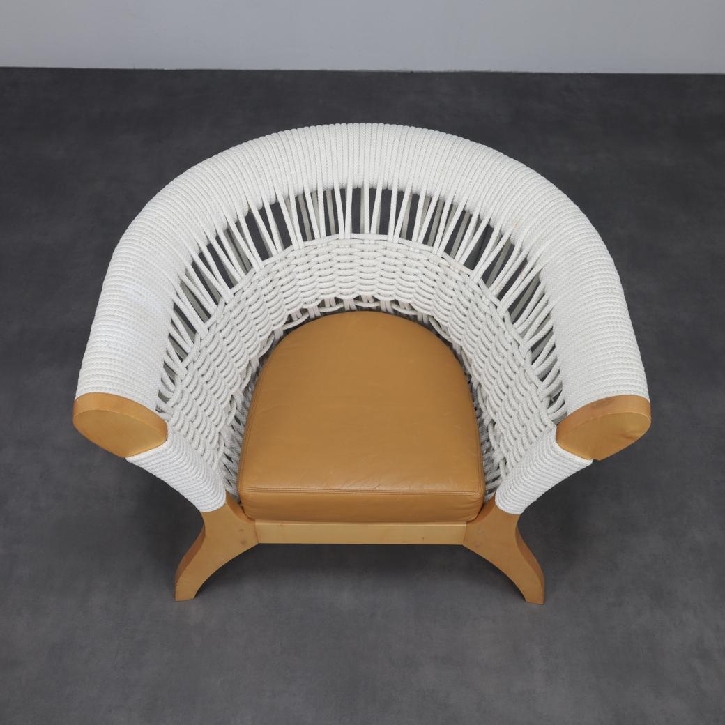 Chaise longue italienne fabriquée à la main par Driade en Wood, corde et cuir, Italie, années 1990 en vente 1