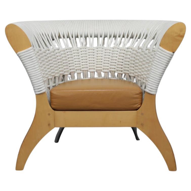 Chaise longue italienne fabriquée à la main par Driade en Wood, corde et cuir, Italie, années 1990 en vente