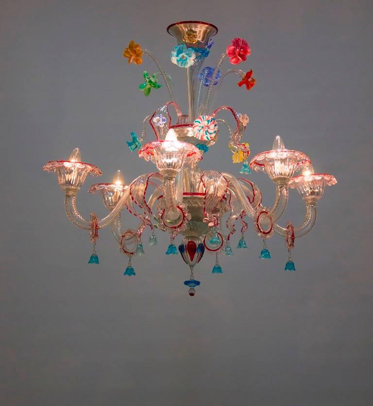 Hand-Crafted Italian Chandelier in Ruby Refinished in Murano Blown Glass, Italy 1990s