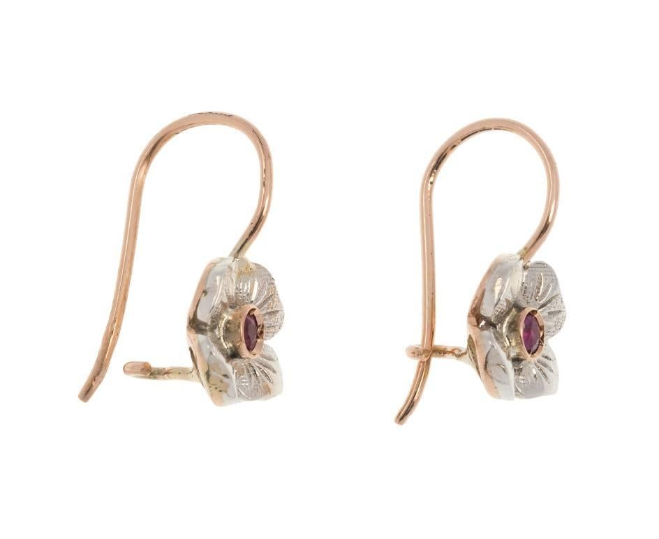 Victorian Handcrafted Italian Rose Gold 0.15 Carat Ruby Floral Drop Earrings