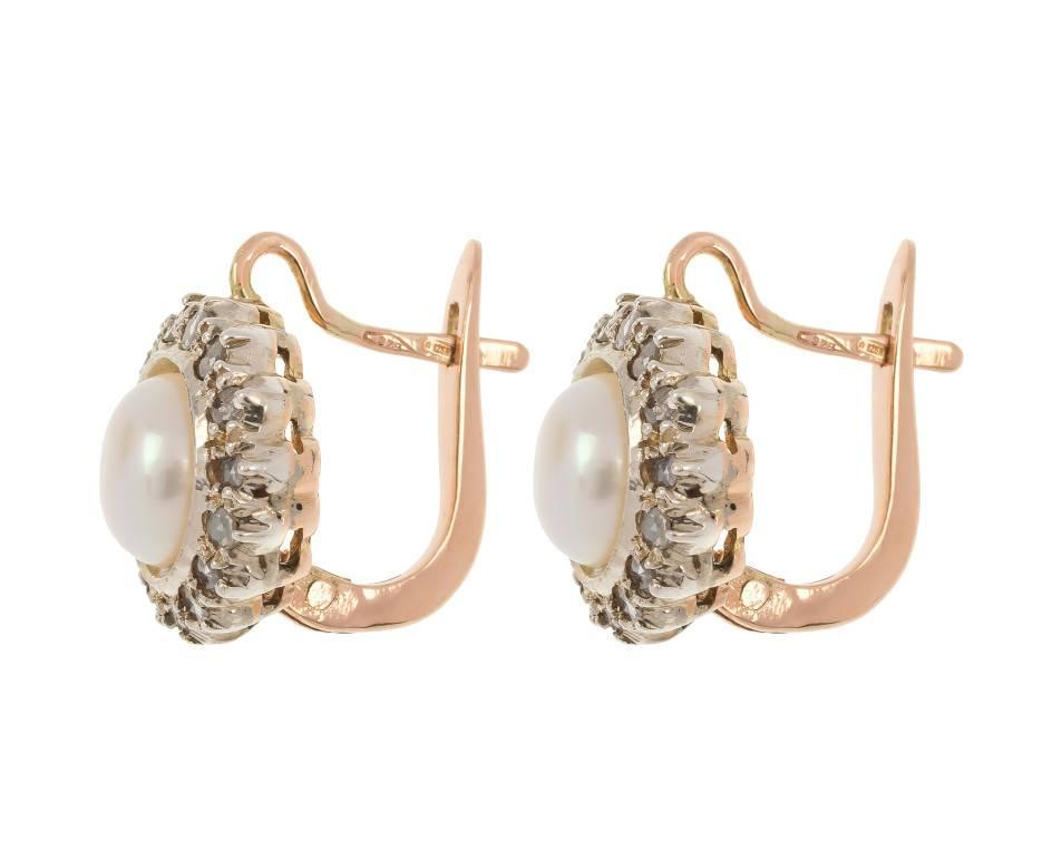 Edwardian Handcrafted Italian Rose Gold Cultured Pearl and 0.40 Carat Diamond Earrings