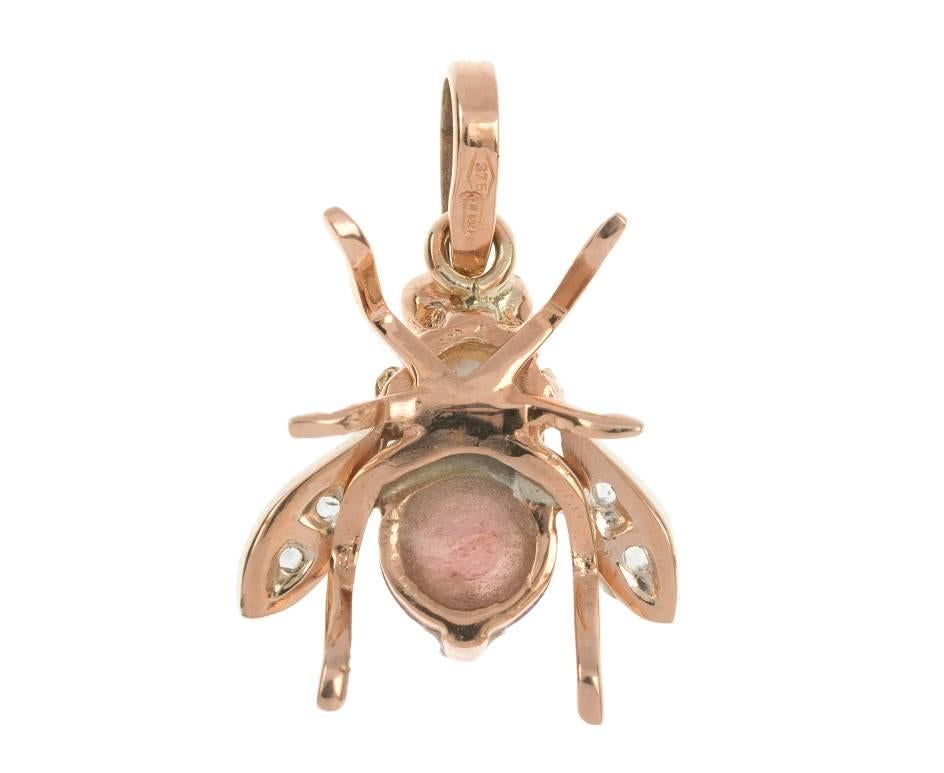 Victorian Handcrafted Italian Rose Gold Pearl and Rose Quartz Bee Pendant