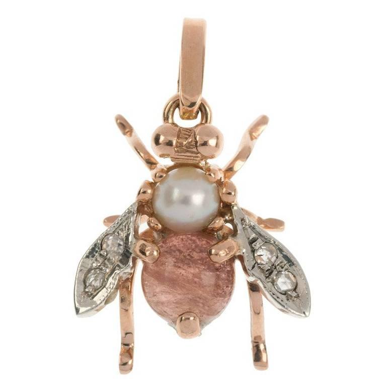 Handcrafted Italian Rose Gold Pearl and Rose Quartz Bee Pendant